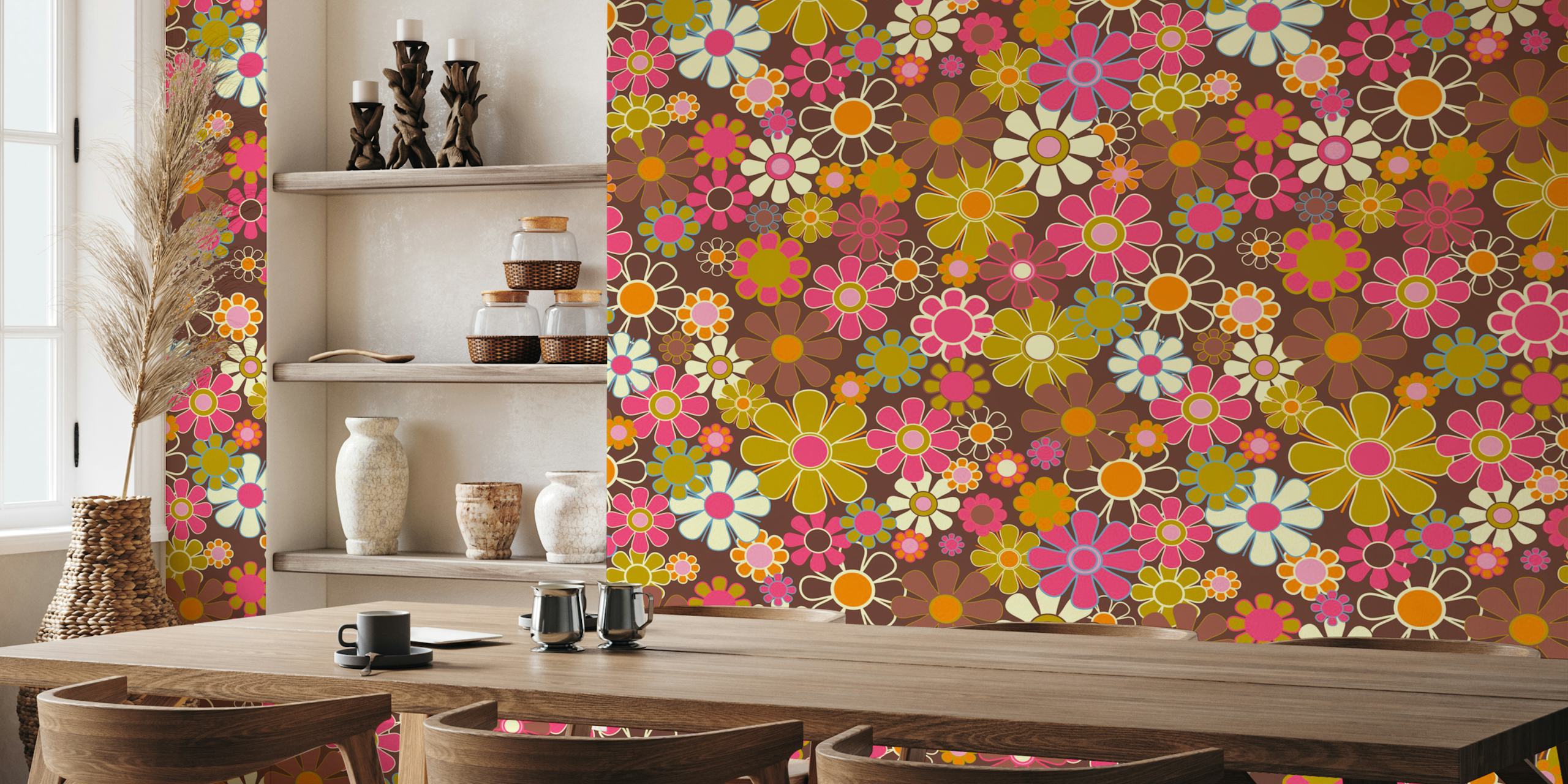Colorful retro floral patterns with pink, orange, and green flowers on brown wallpaper
