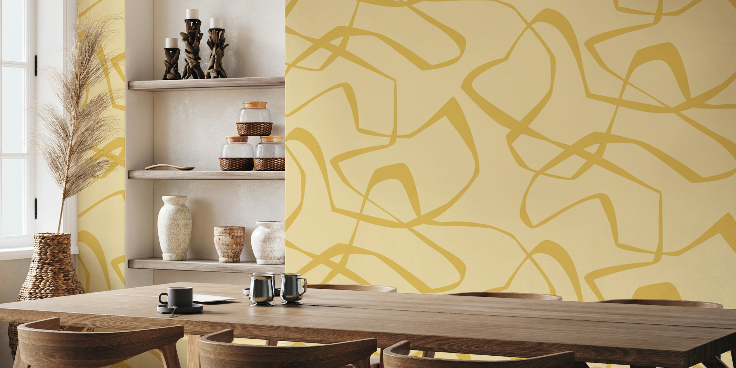 Geometrisch patroon met imperfecte lijnen in botergeel. Wallpaper.