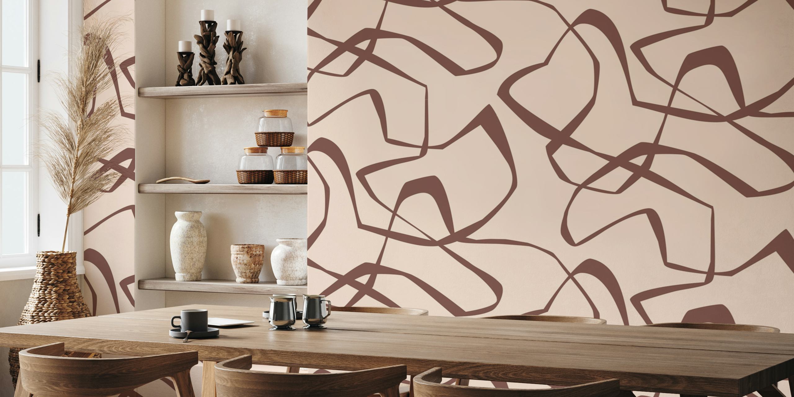 Papel tapiz Japandi imperfect lines pecan brown en una habitación