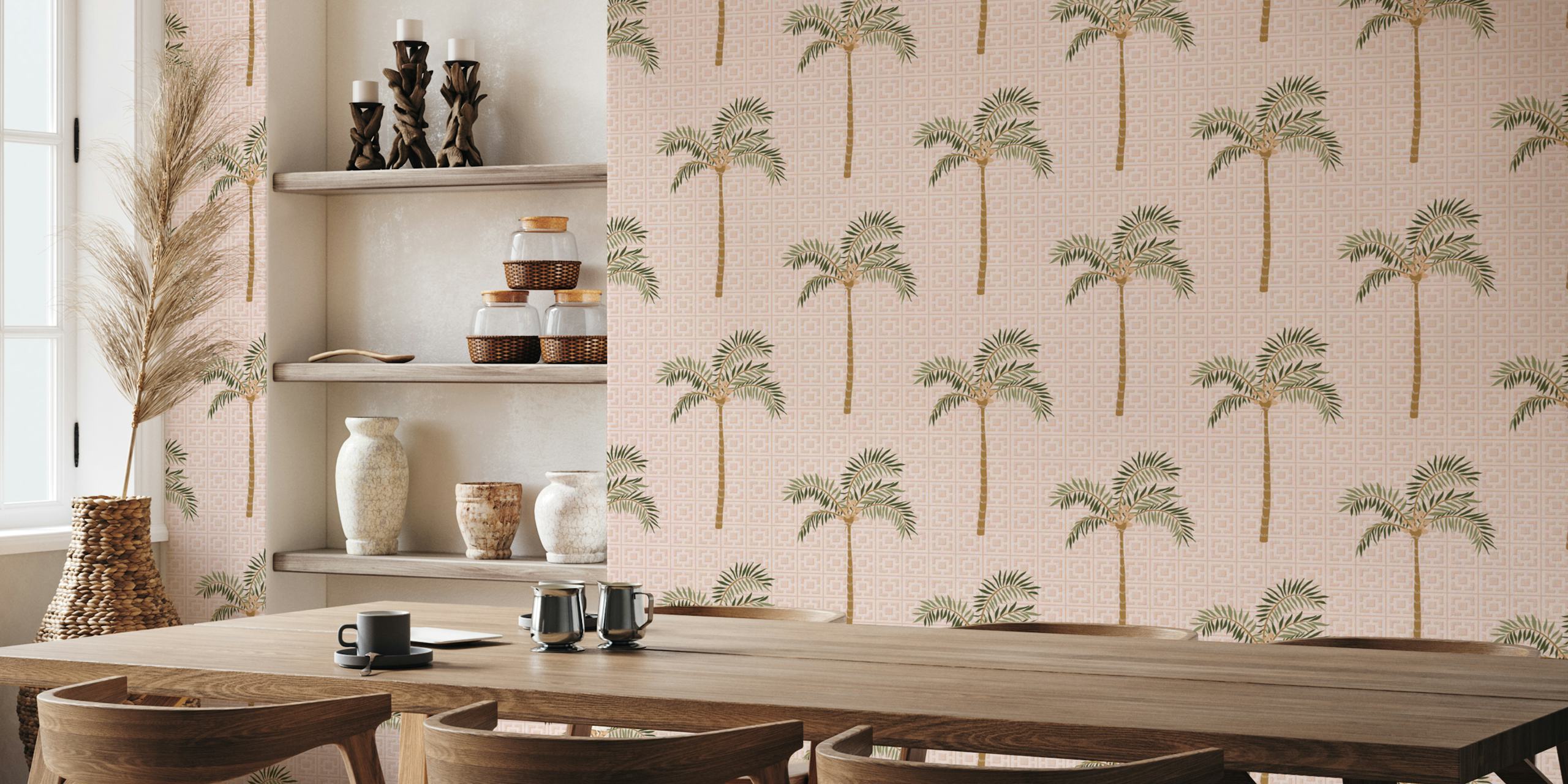 Geometric palm trees on blush pink background wallpaper