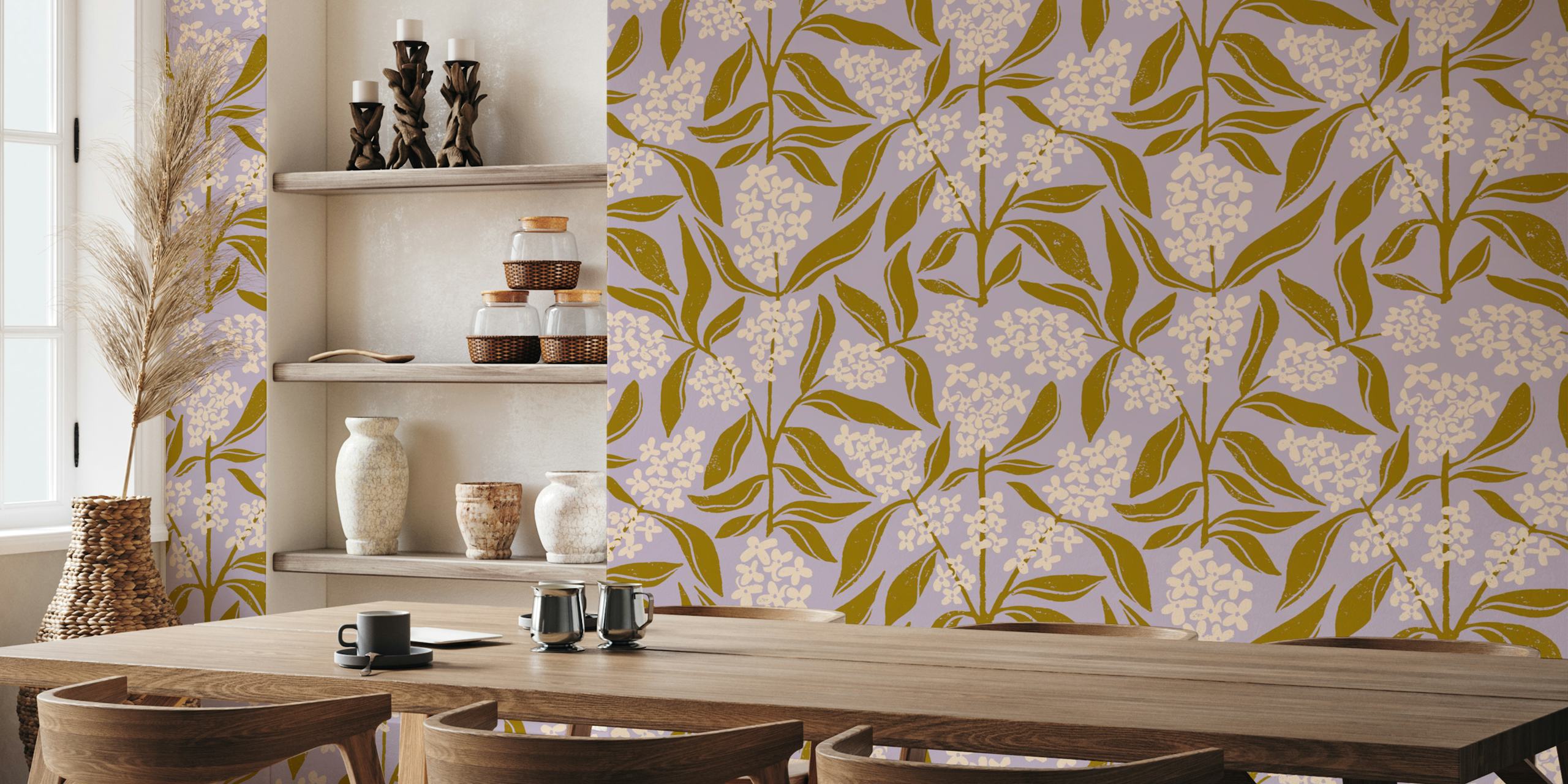 Floral pattern with cream flowers and mustard leaves wallpaper