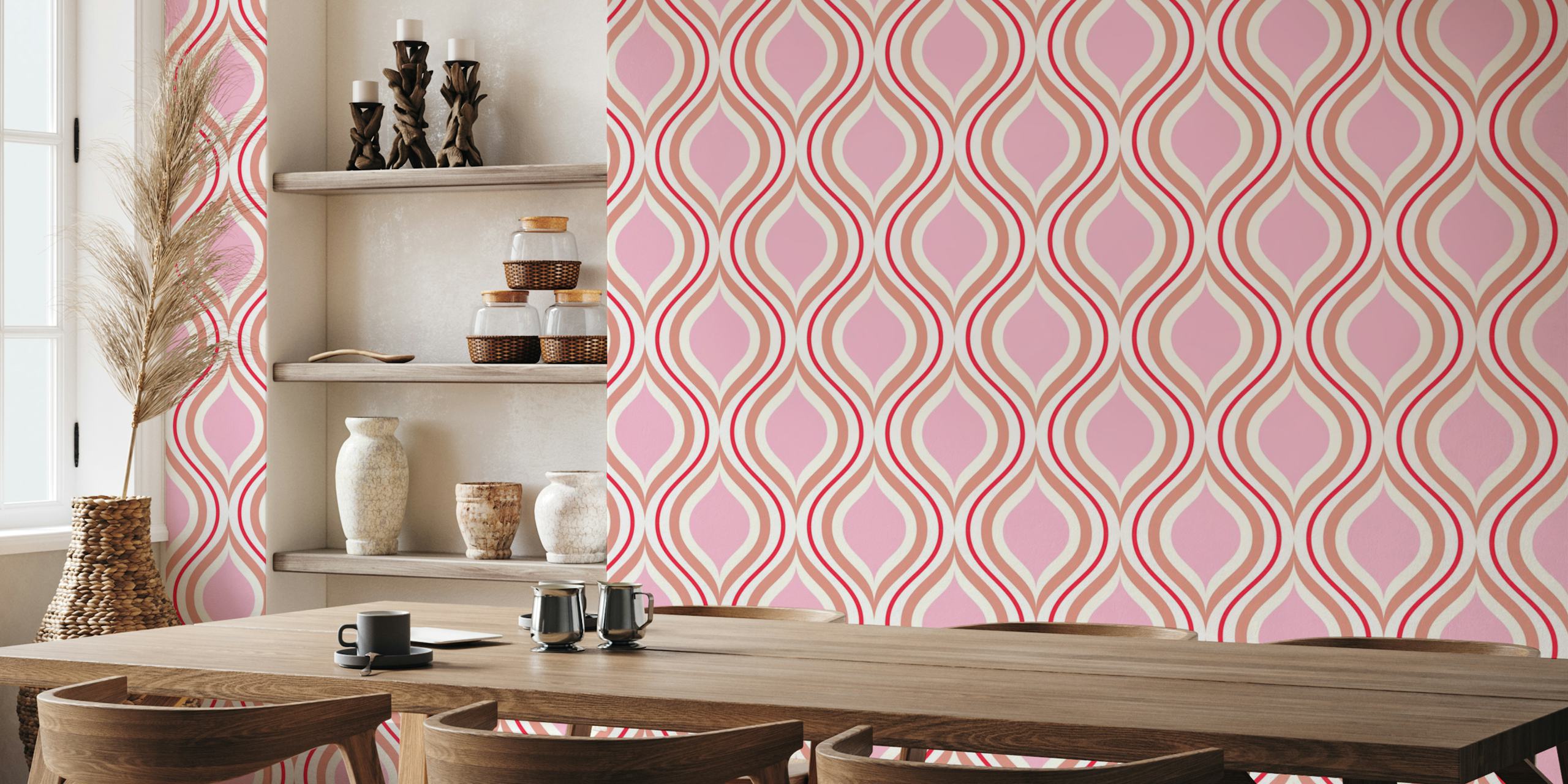 Abstract wave pattern in pink with white and red details wallpaper