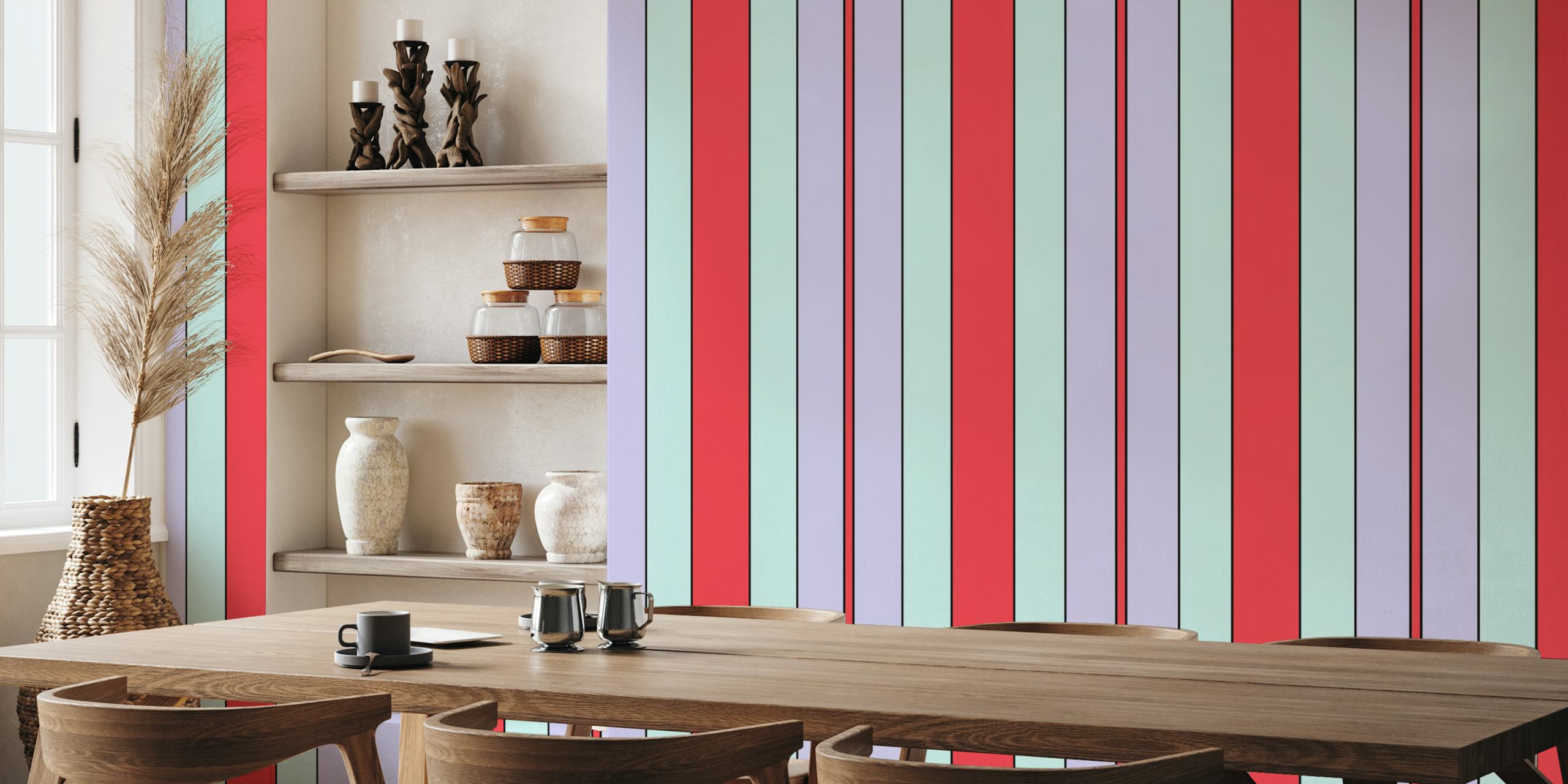 Striped wallpaper in coral, lilac, and mint green with black outlines.