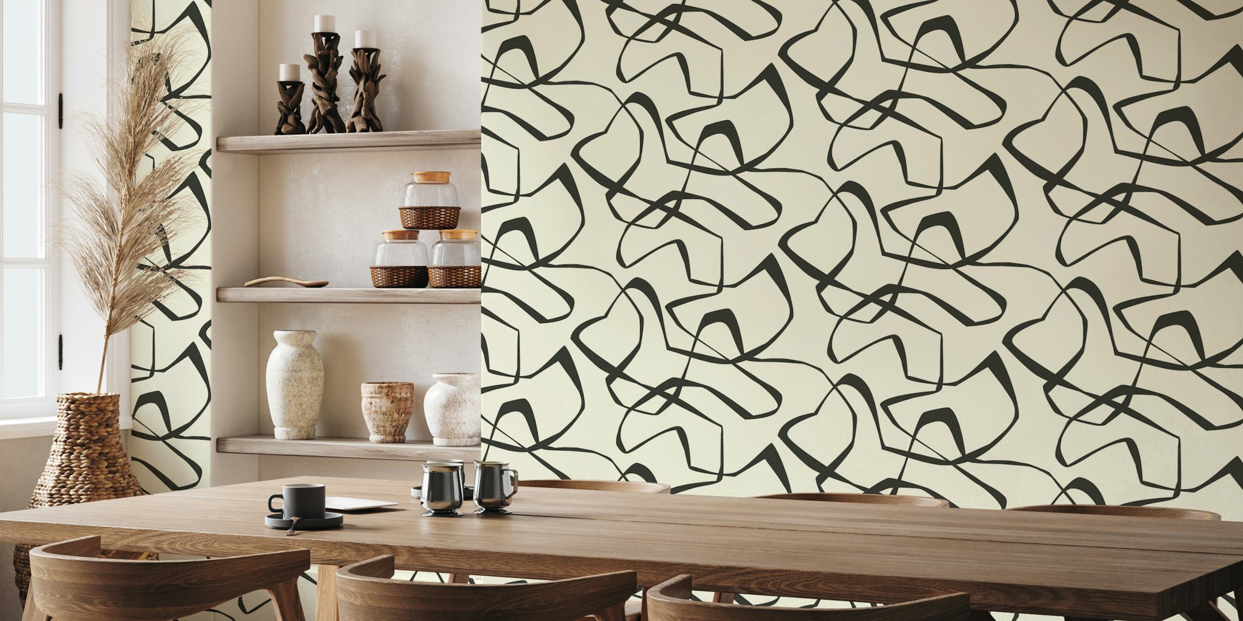 Japandi imperfect lines behang in een kamer