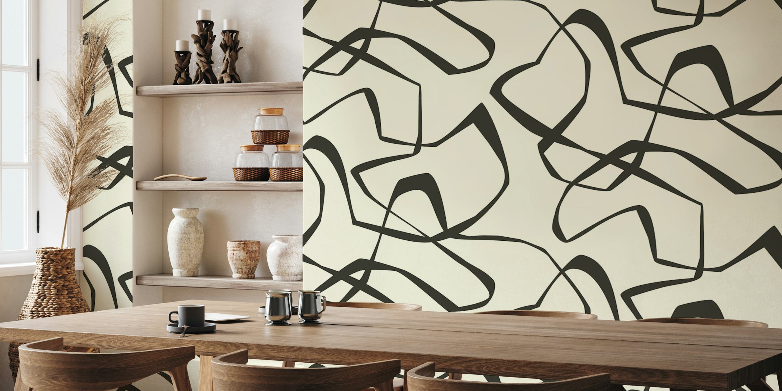 Abstract lines in soft black and cream color wallpaper