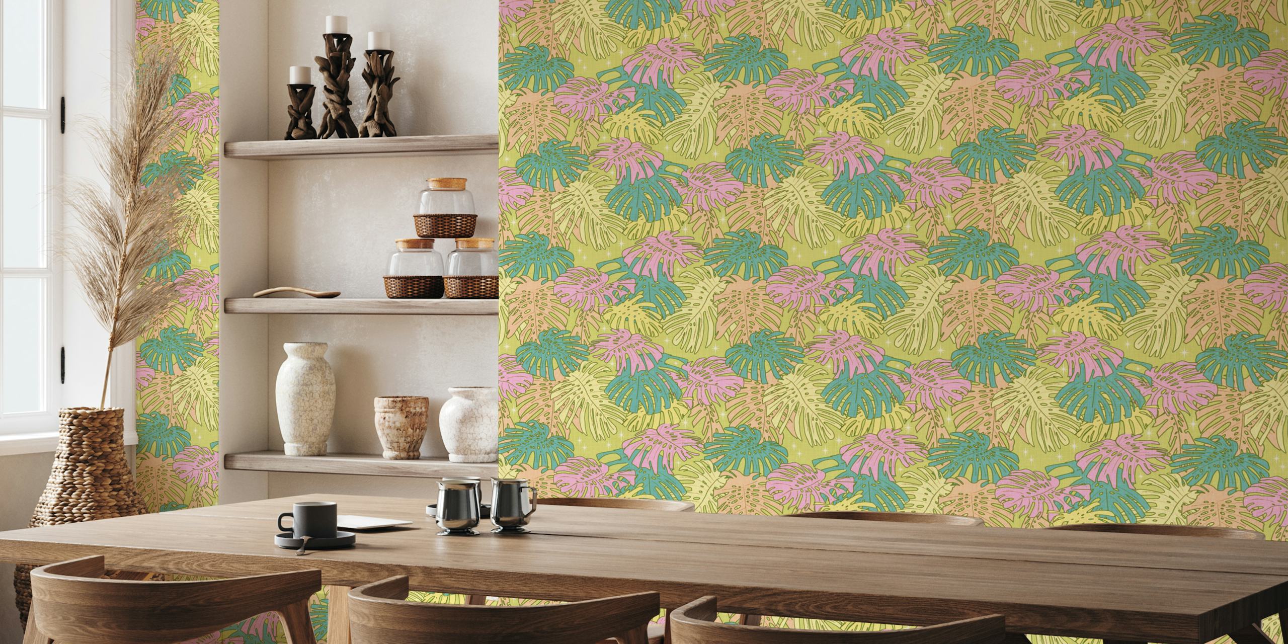Pastel Tropical Monstera wallpaper in a room
