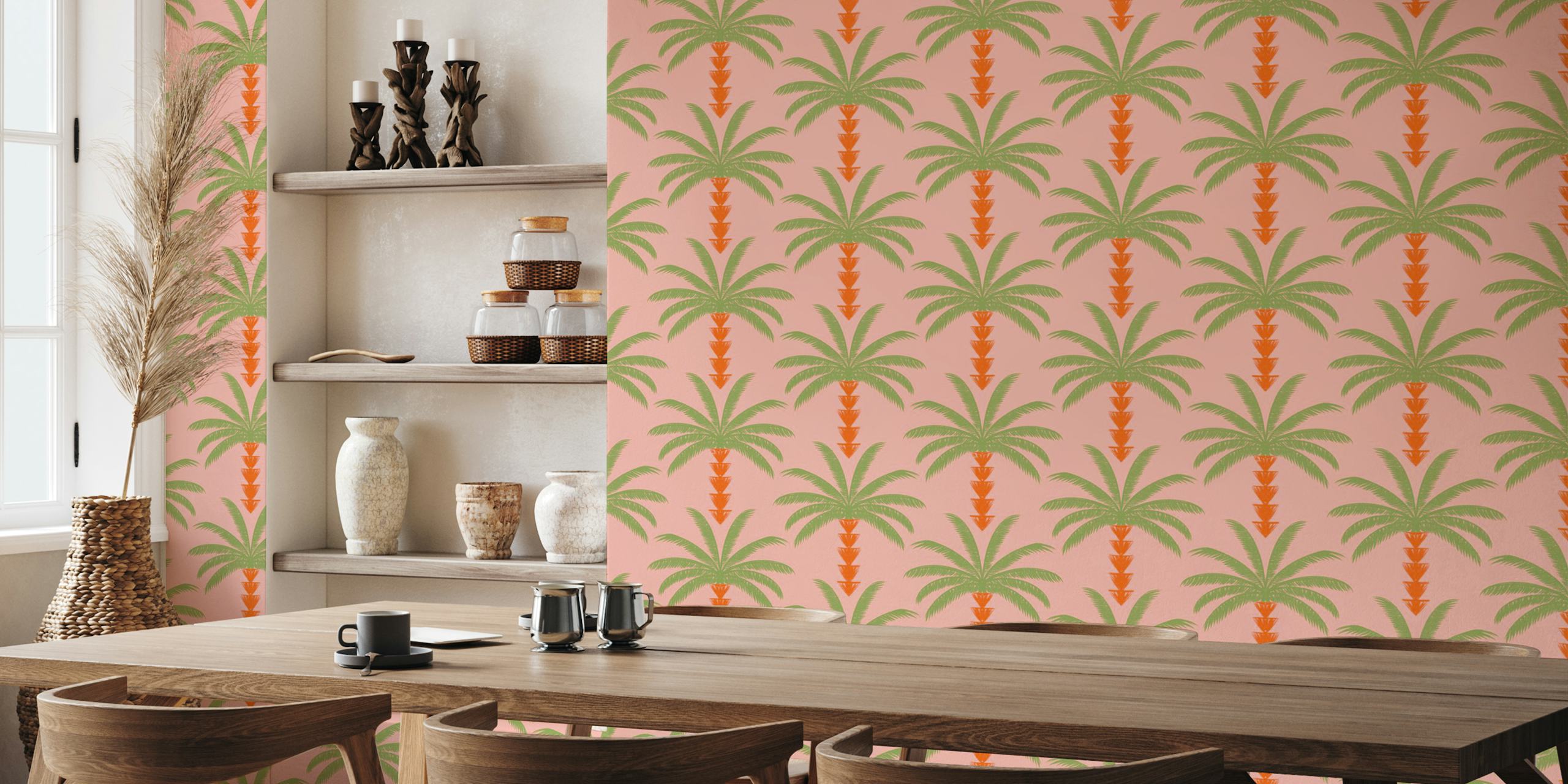 Farverig palm wallpaper på en pink baggrund
