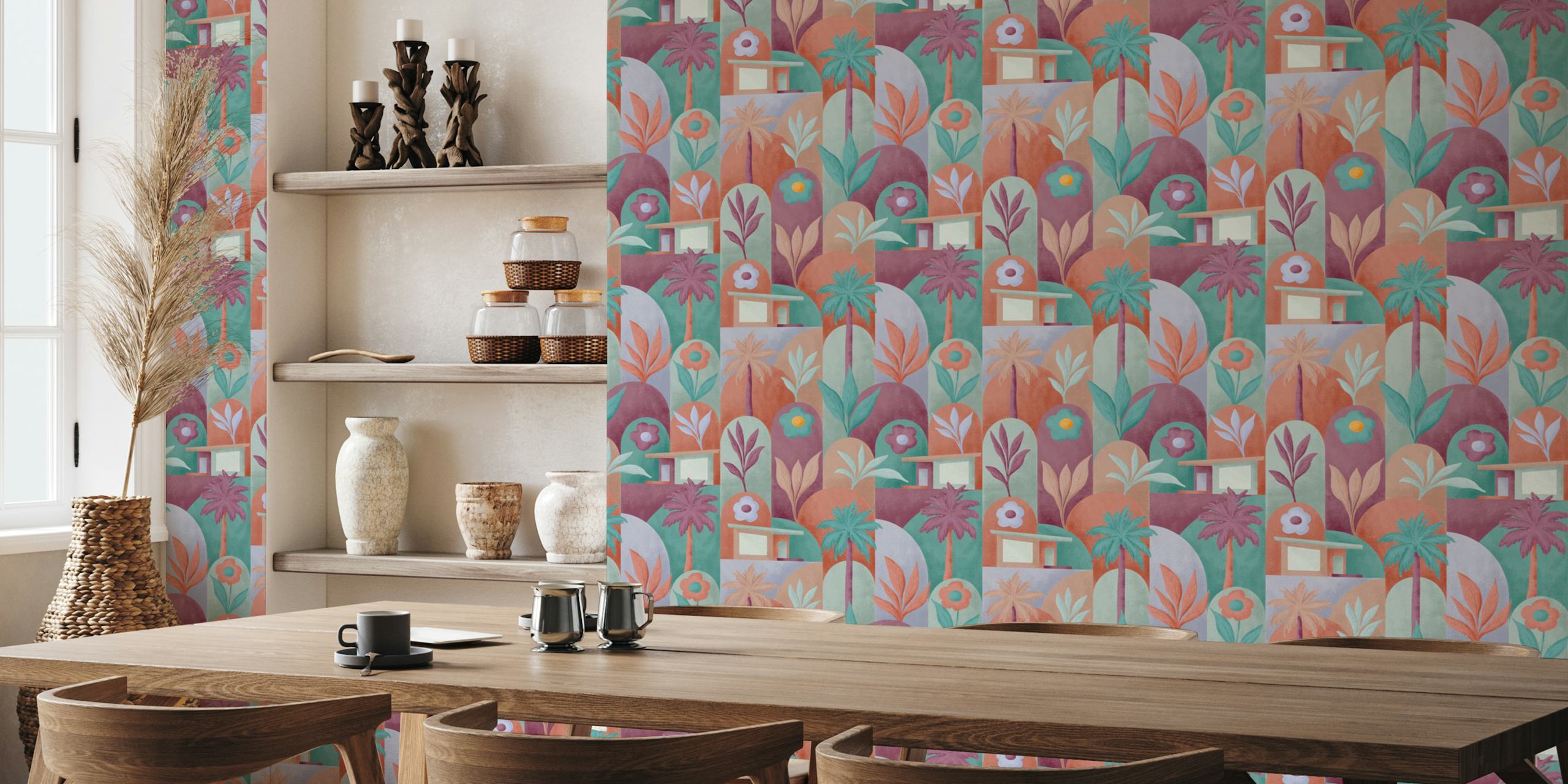 Tropical foliage and palm trees in earthy tones wallpaper
