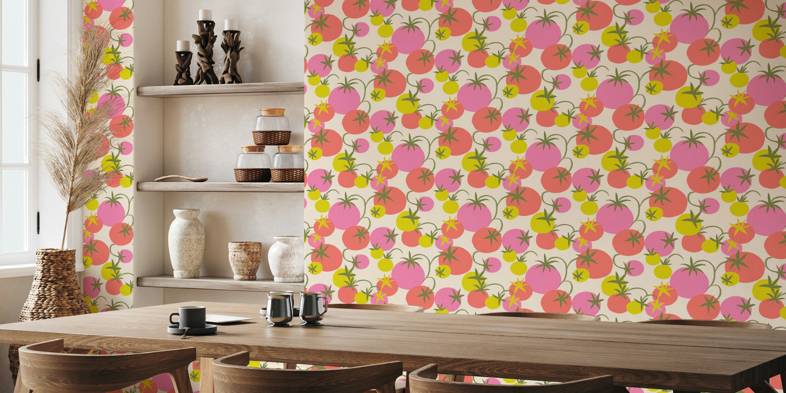 Colorful tomatoes in shades of pink, yellow, and green wallpaper