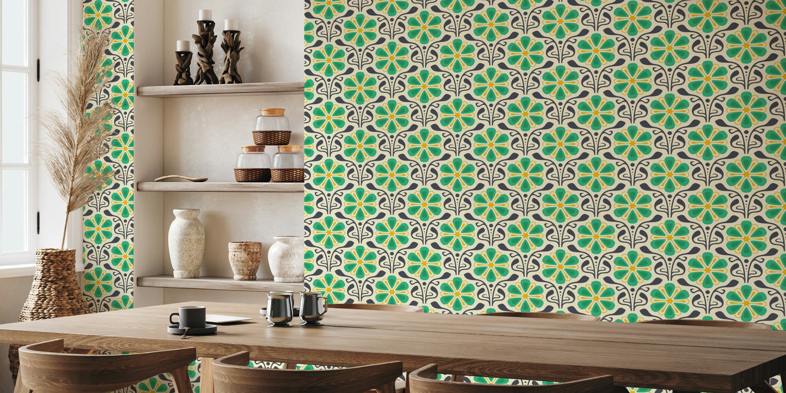 Classic Daisy Charm in Green Yellow wallpaper in a room