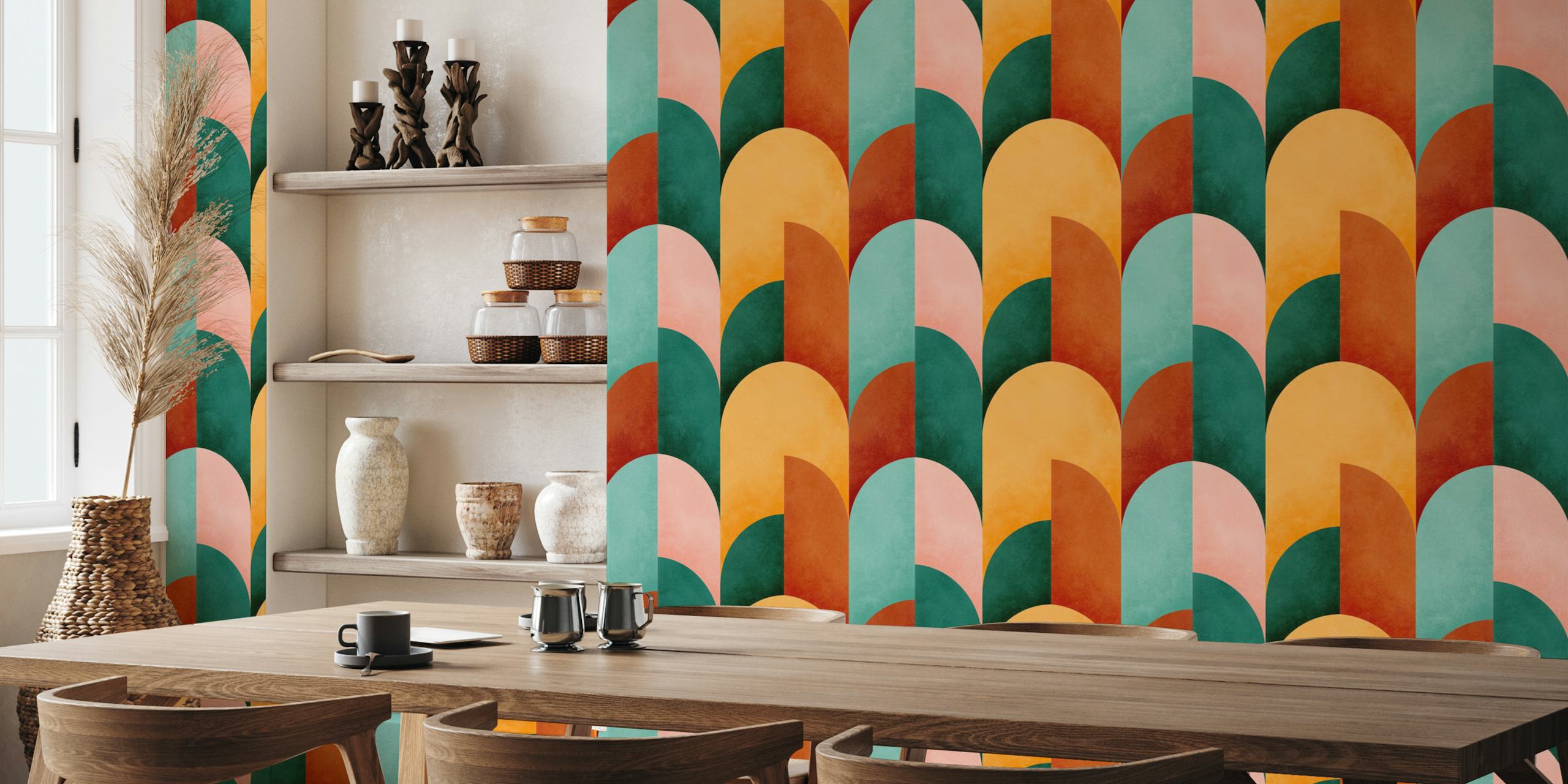 Mid century modern geometric wallpaper in orange, teal, and pink tones