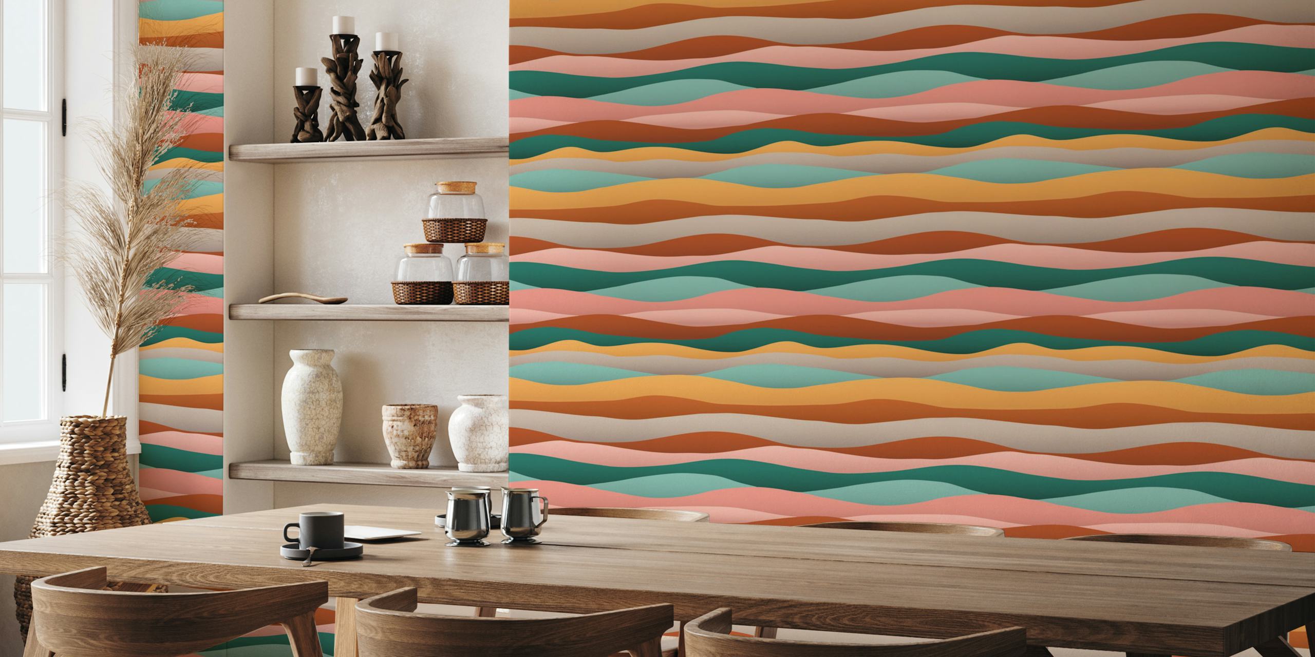 Abstract waves in peach, green, beige, and tan colors wallpaper