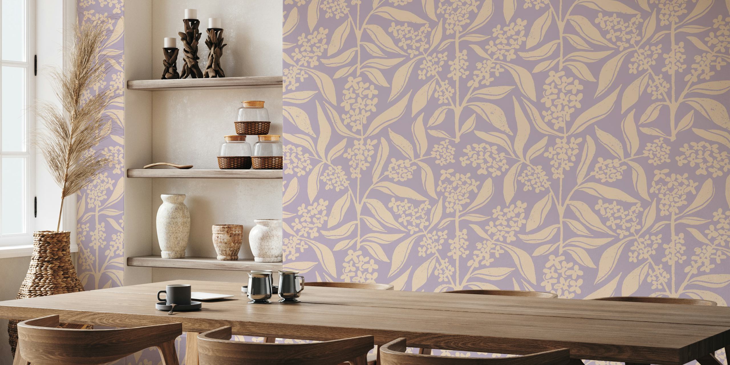 Cream and purple osmanthus flowers with leaves wallpaper