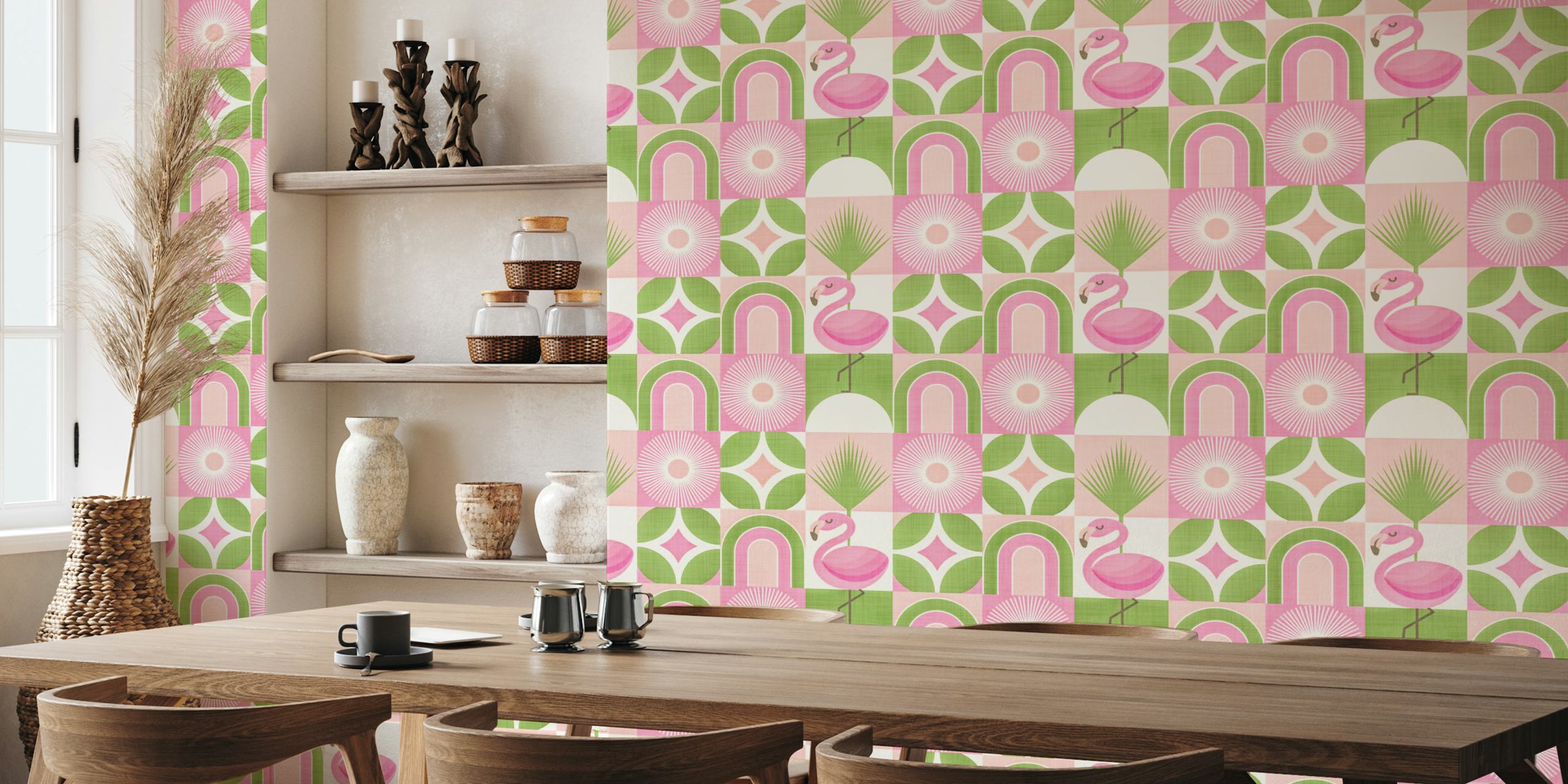 Pink flamingo, geometric shapes, green and pink colors wallpaper