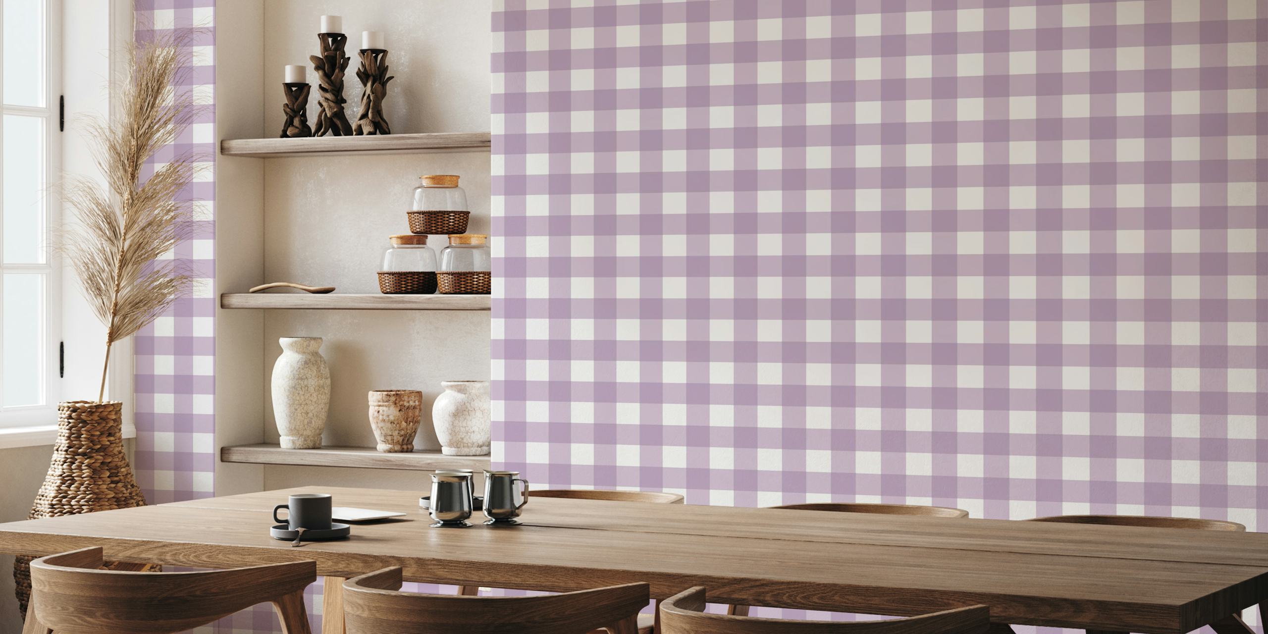 Lavender gingham pattern on white wallpaper