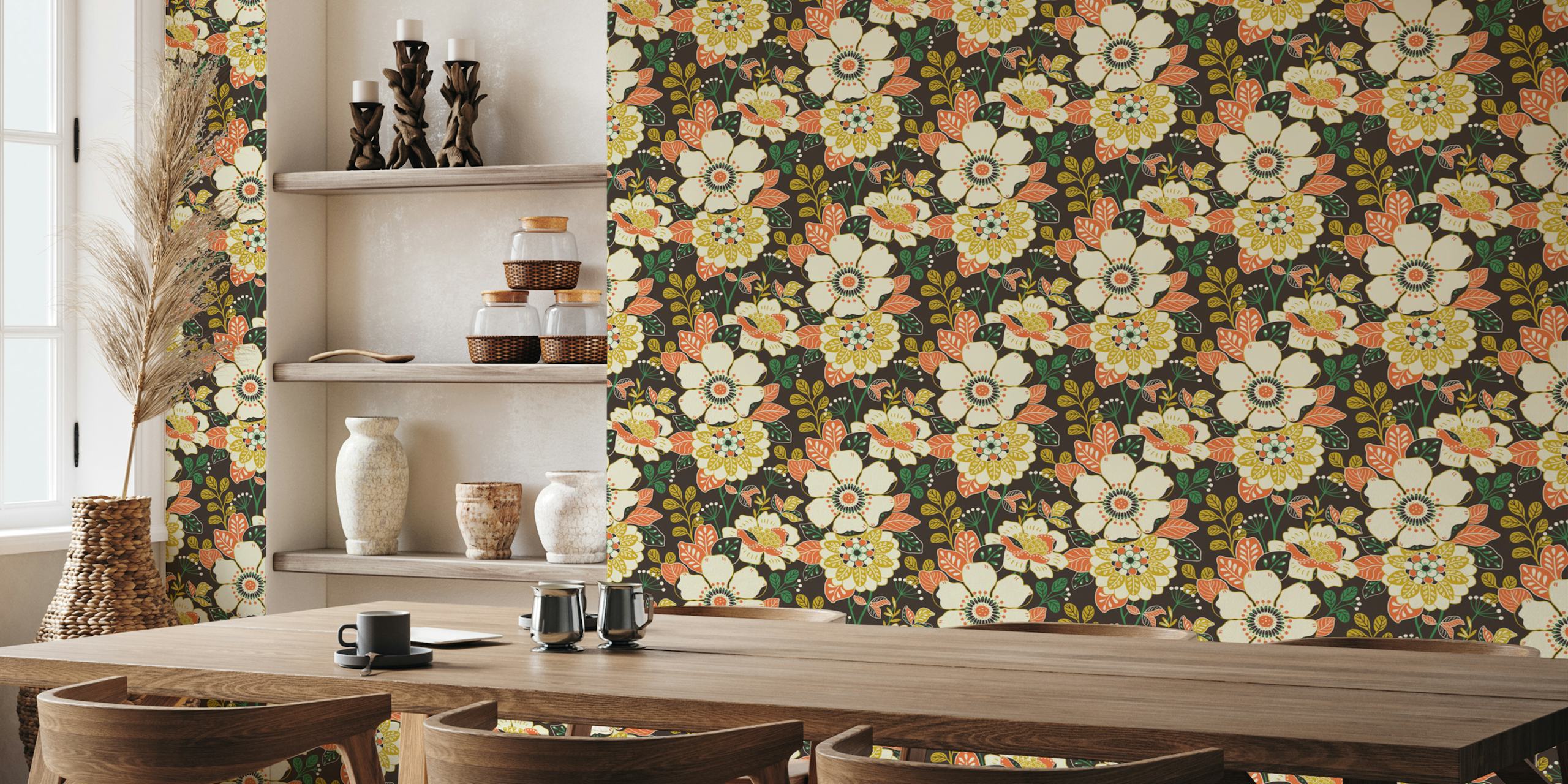 Floral pattern with bright flowers and leaves on dark background wallpaper