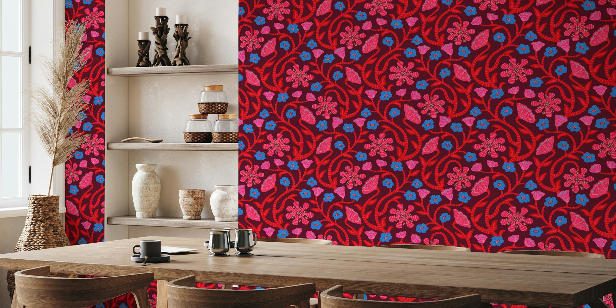 Flower Jungle Modern Art Nouveau Floral Red tapet