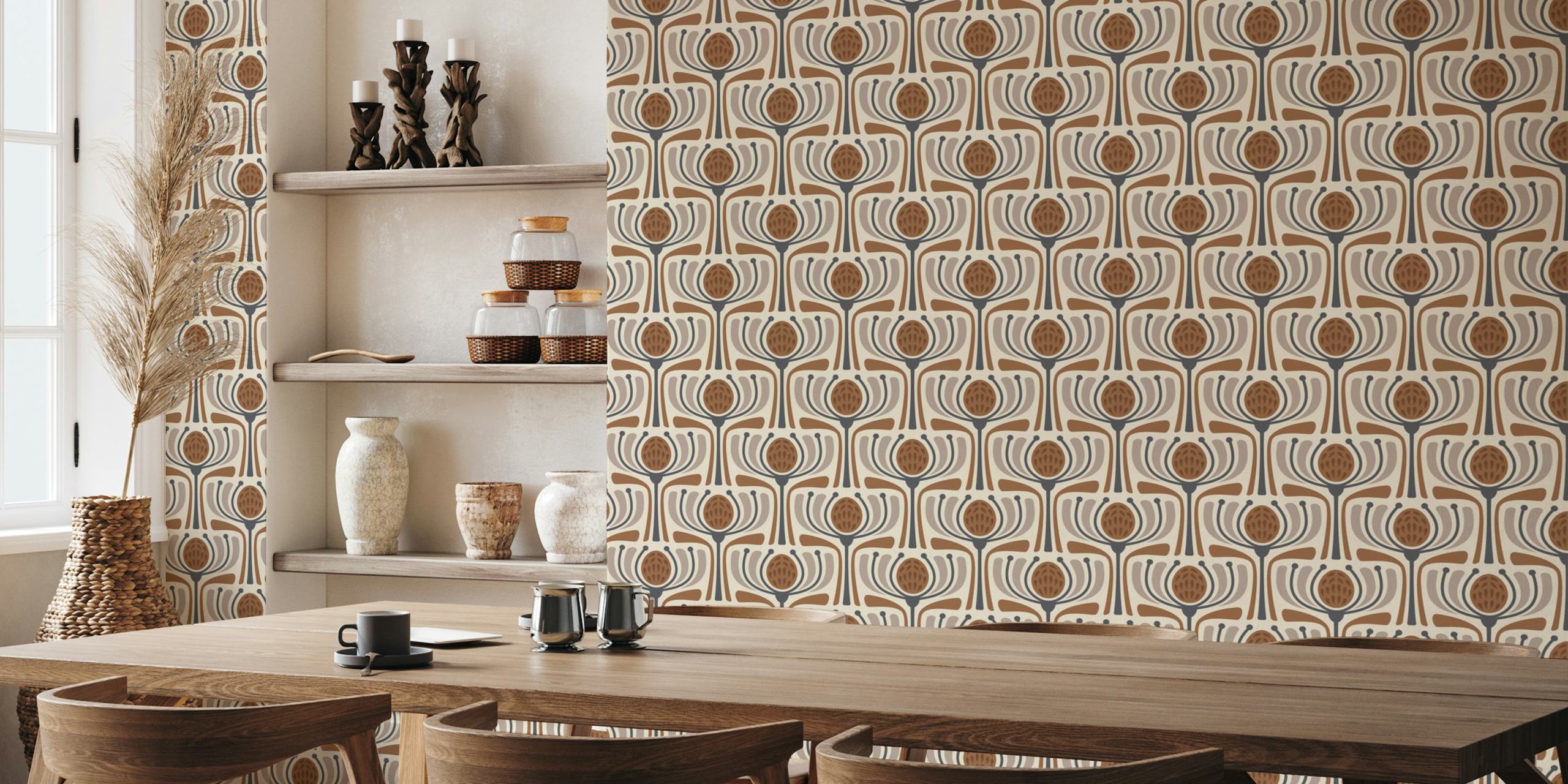 Mid-Century Modern Bloom in Brown wallpaper in a room