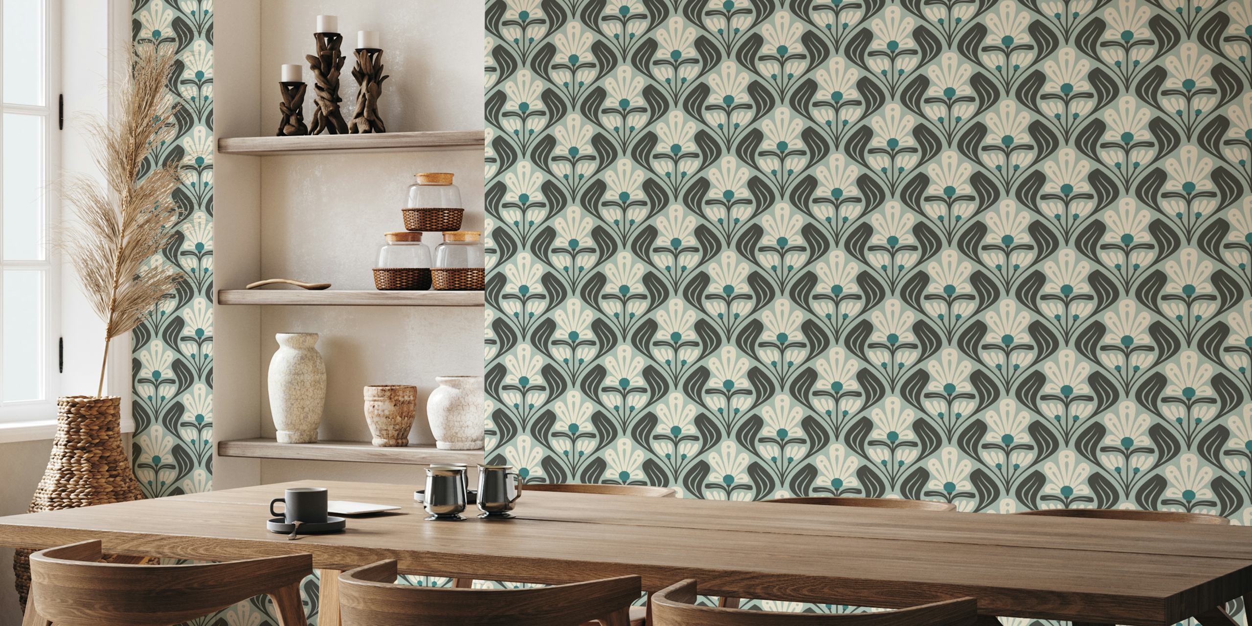 Floral pattern in teal, black, and cream colors wallpaper