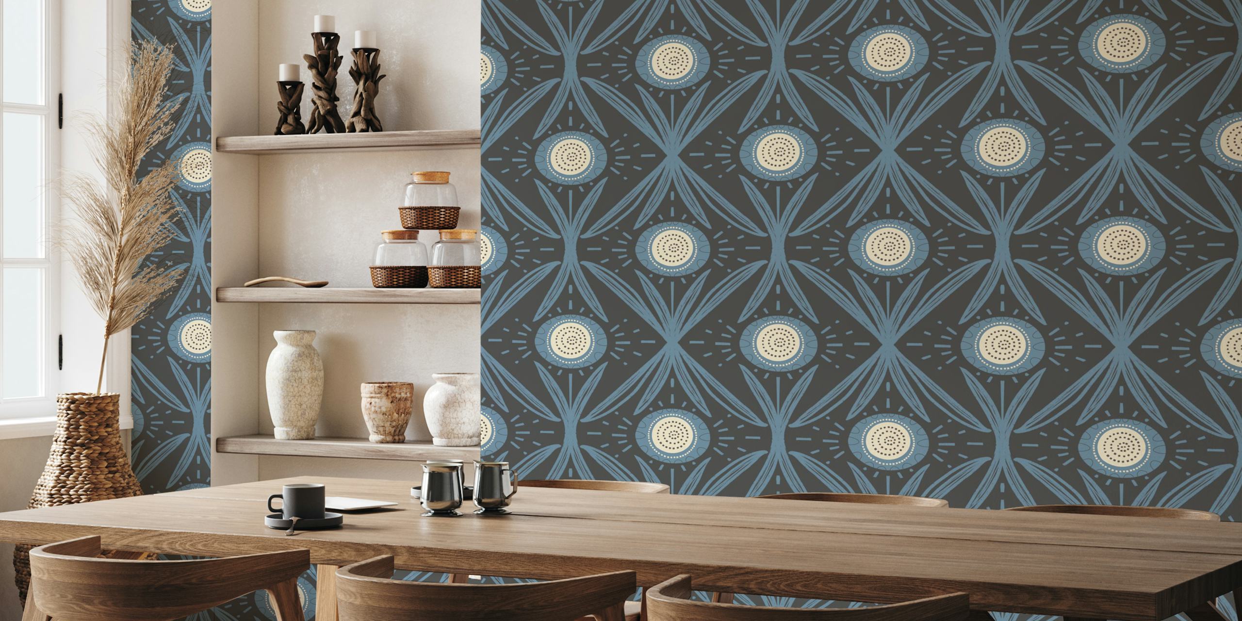 Folk Bloom Dusty Blue Charcoal Retro Floral Tapete in einem Raum