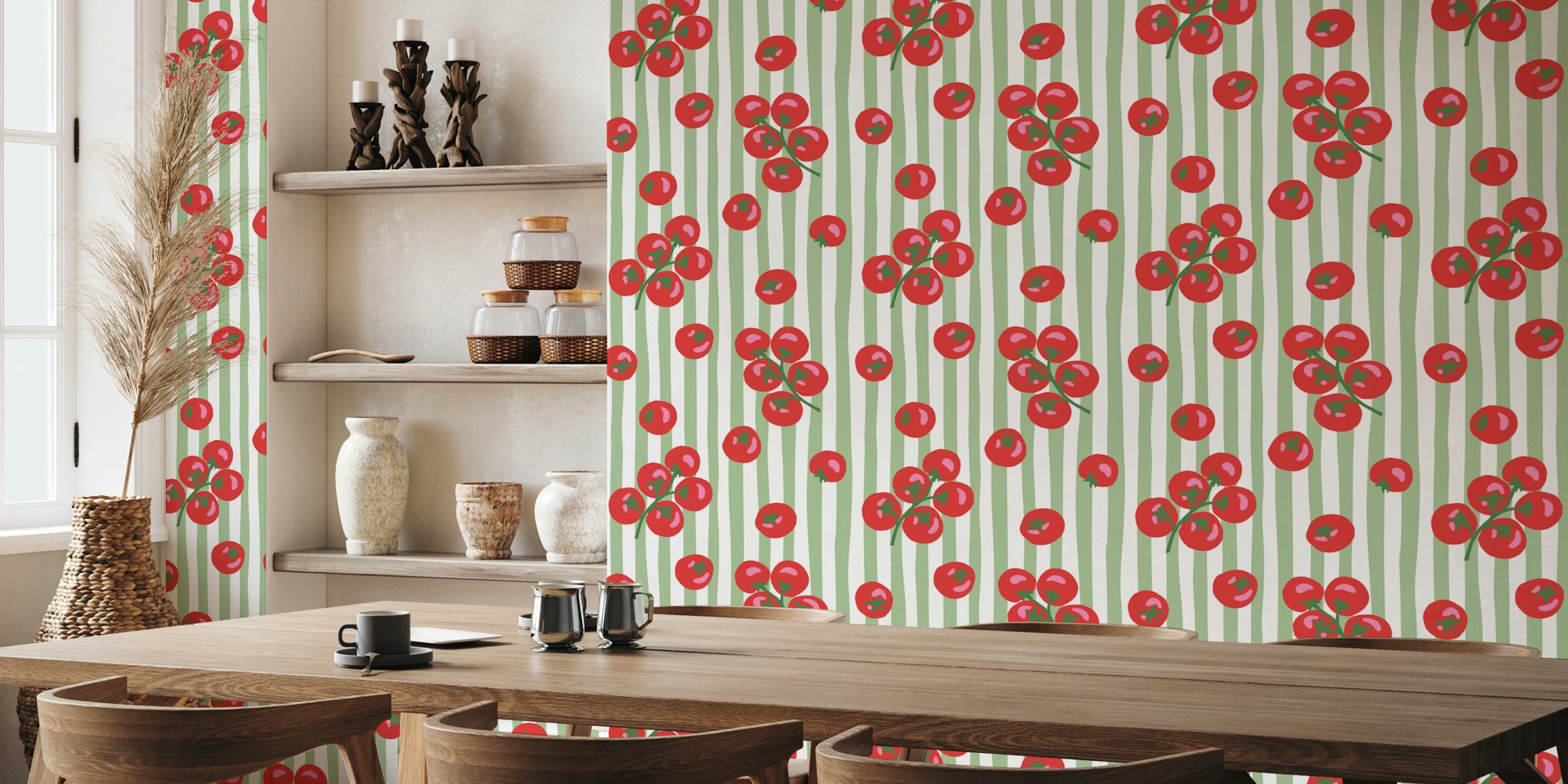 Red tomatoes on green and white stripes wallpaper