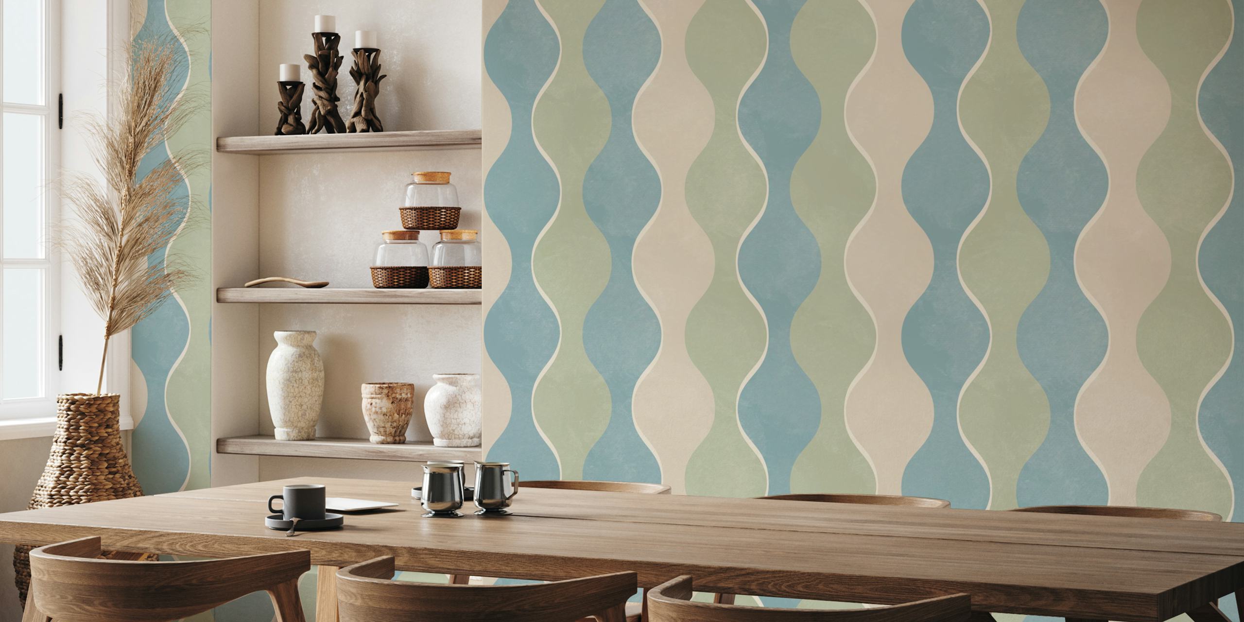 Ταπετσαρία Blue-Green Curvilinear Stripes σε ένα δωμάτιο