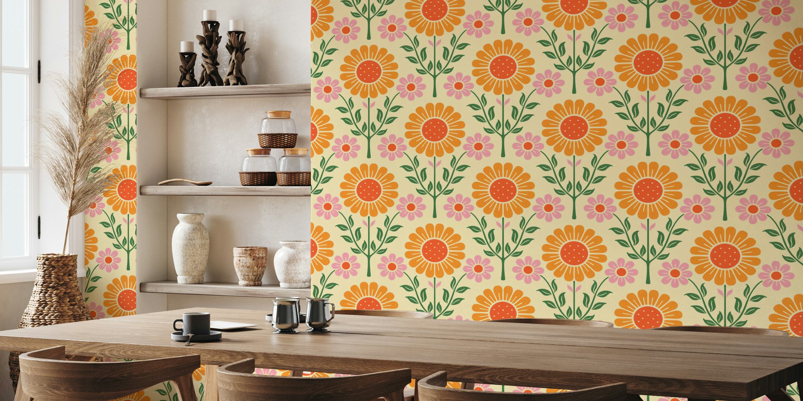 Daisy Garden σχέδιο ταπετσαρίας με πορτοκαλί λουλούδι