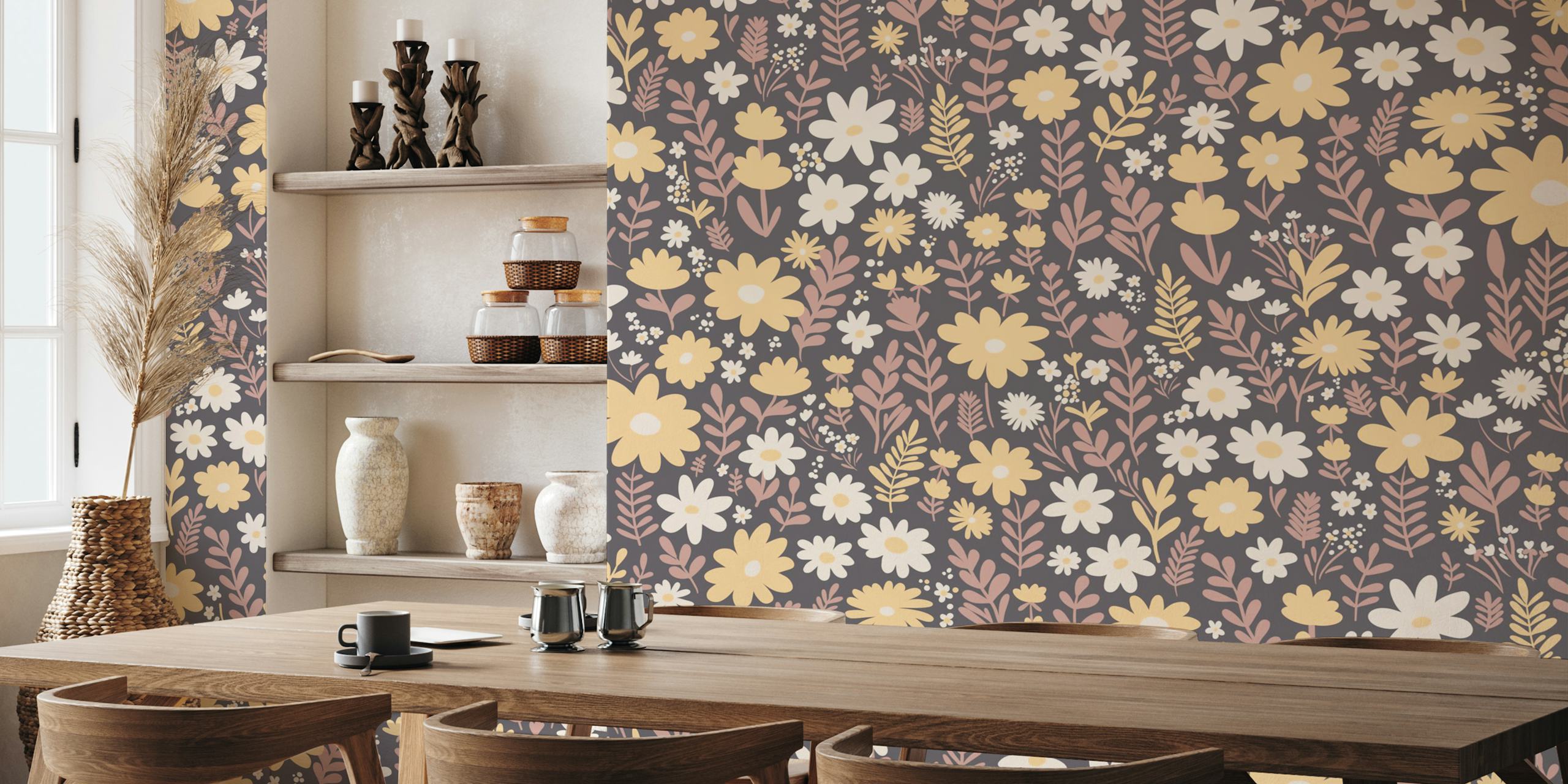 Floral pattern in pastel colors on a grey background wallpaper