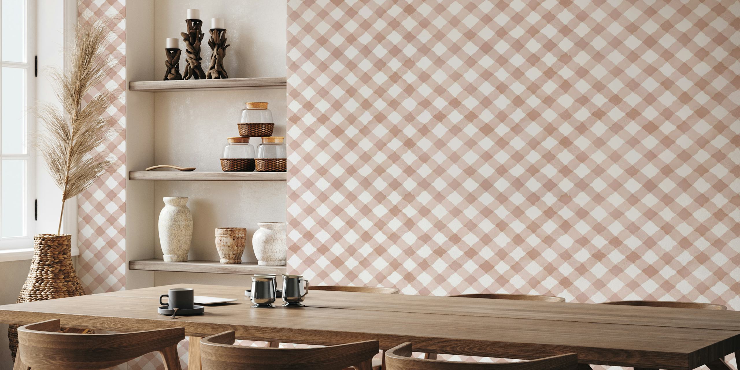 Tapeta Hand Painted Pink Festive Gingham v místnosti