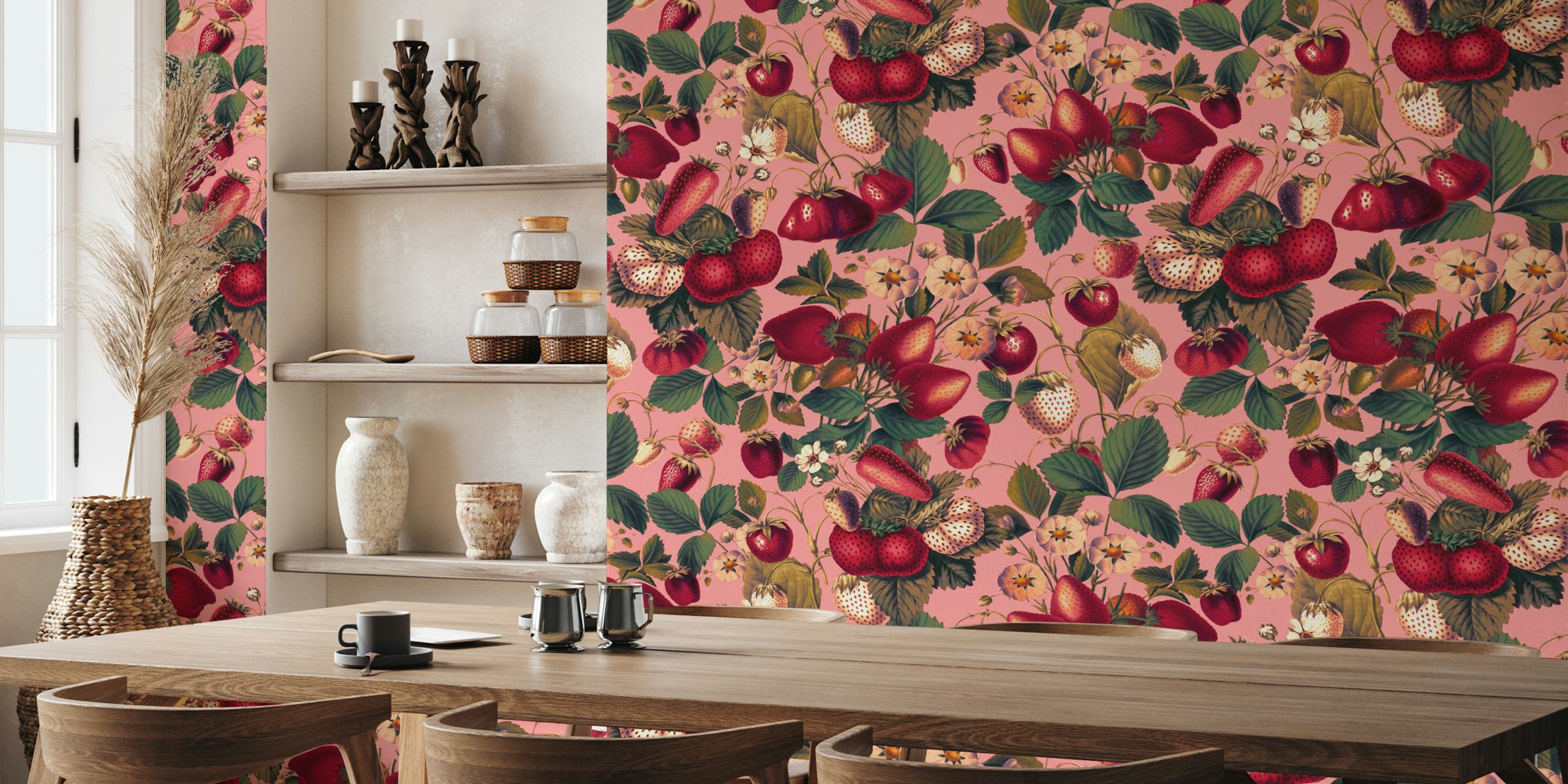 Pink floral wallpaper featuring strawberries and green leaves