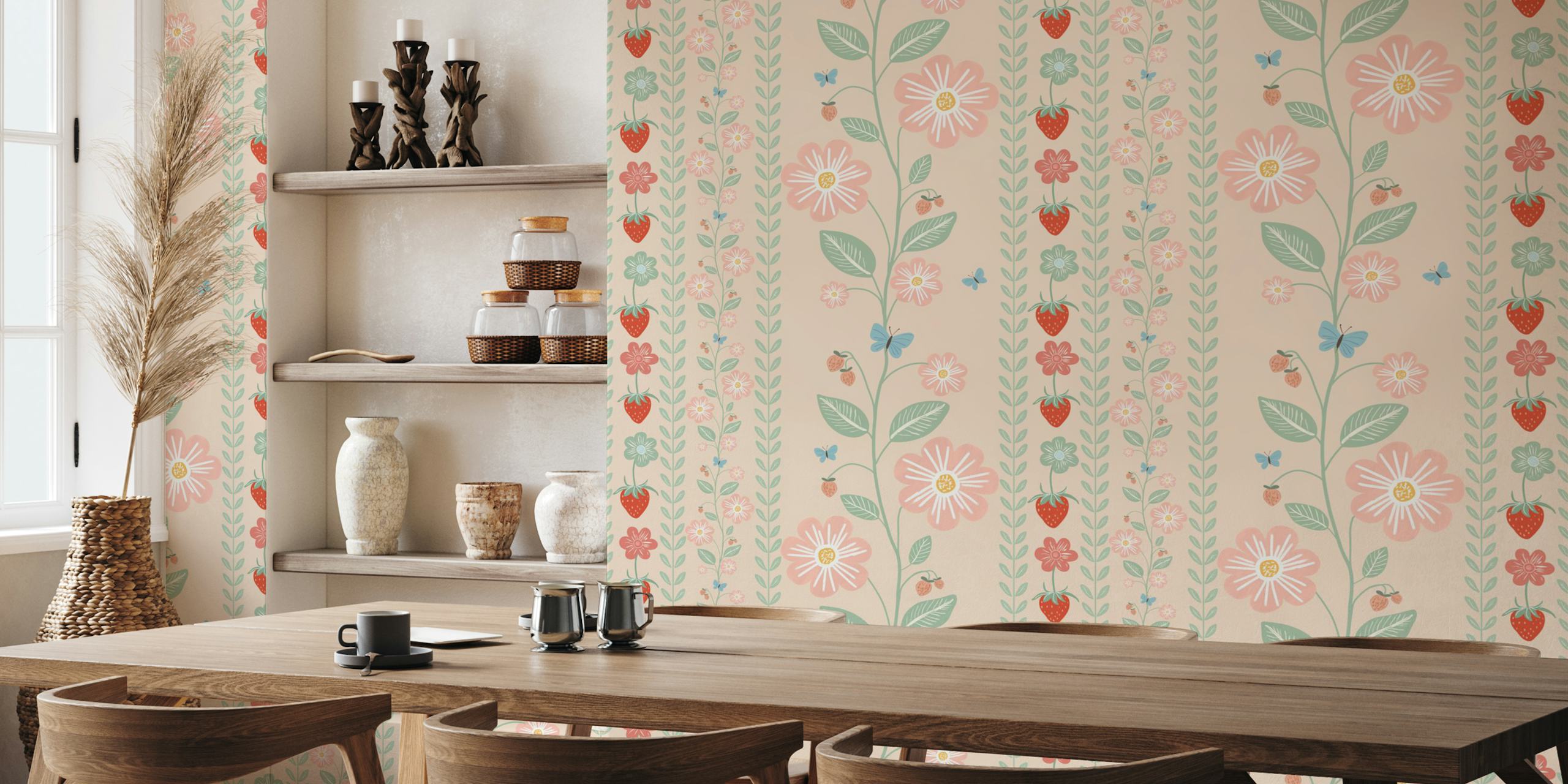 Floral and strawberry patterns in soft pink tones wallpaper