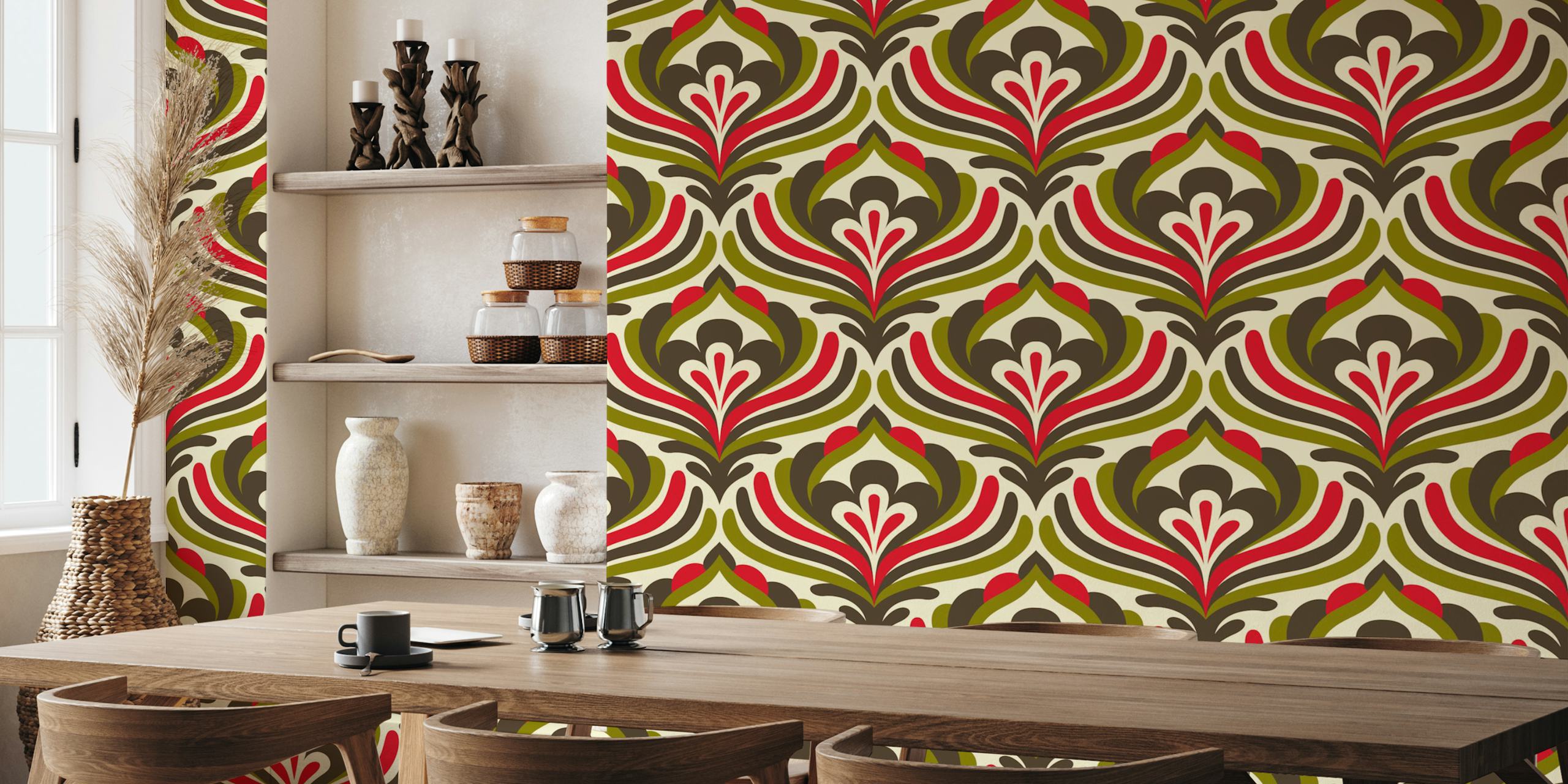 Vintage floral waves pattern in green, red, and brown wallpaper