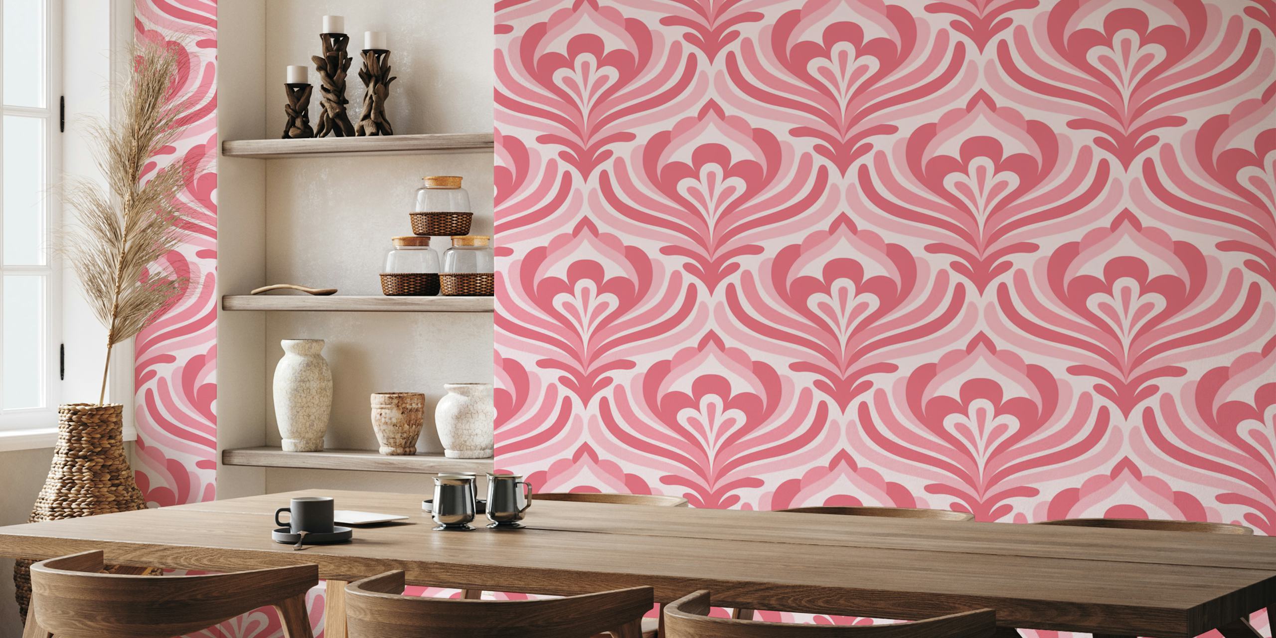 Vintage Abstract Floral Waves Pink tapettisuunnittelu