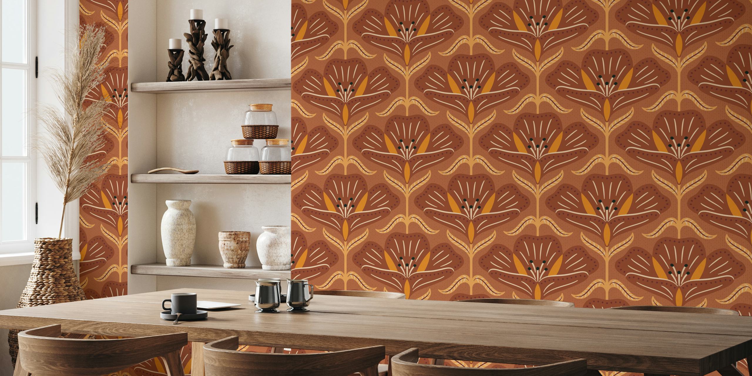 Rusty brown floral pattern wallpaper with vibrant orange accents.