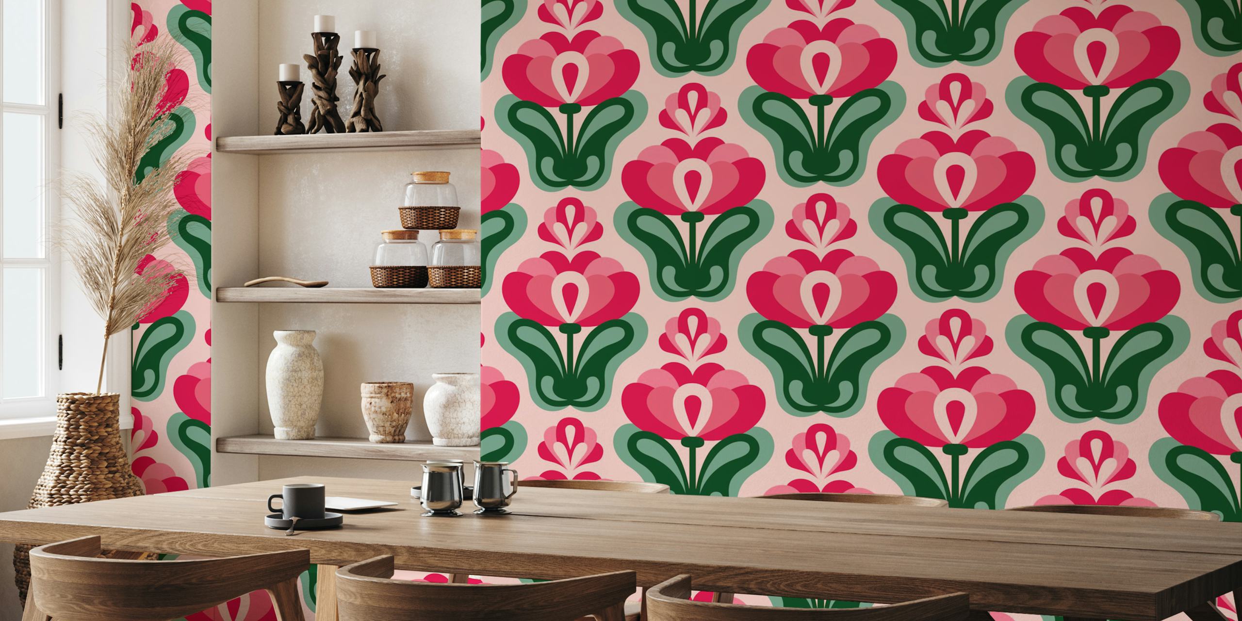 Pink floral design with green leaves wallpaper