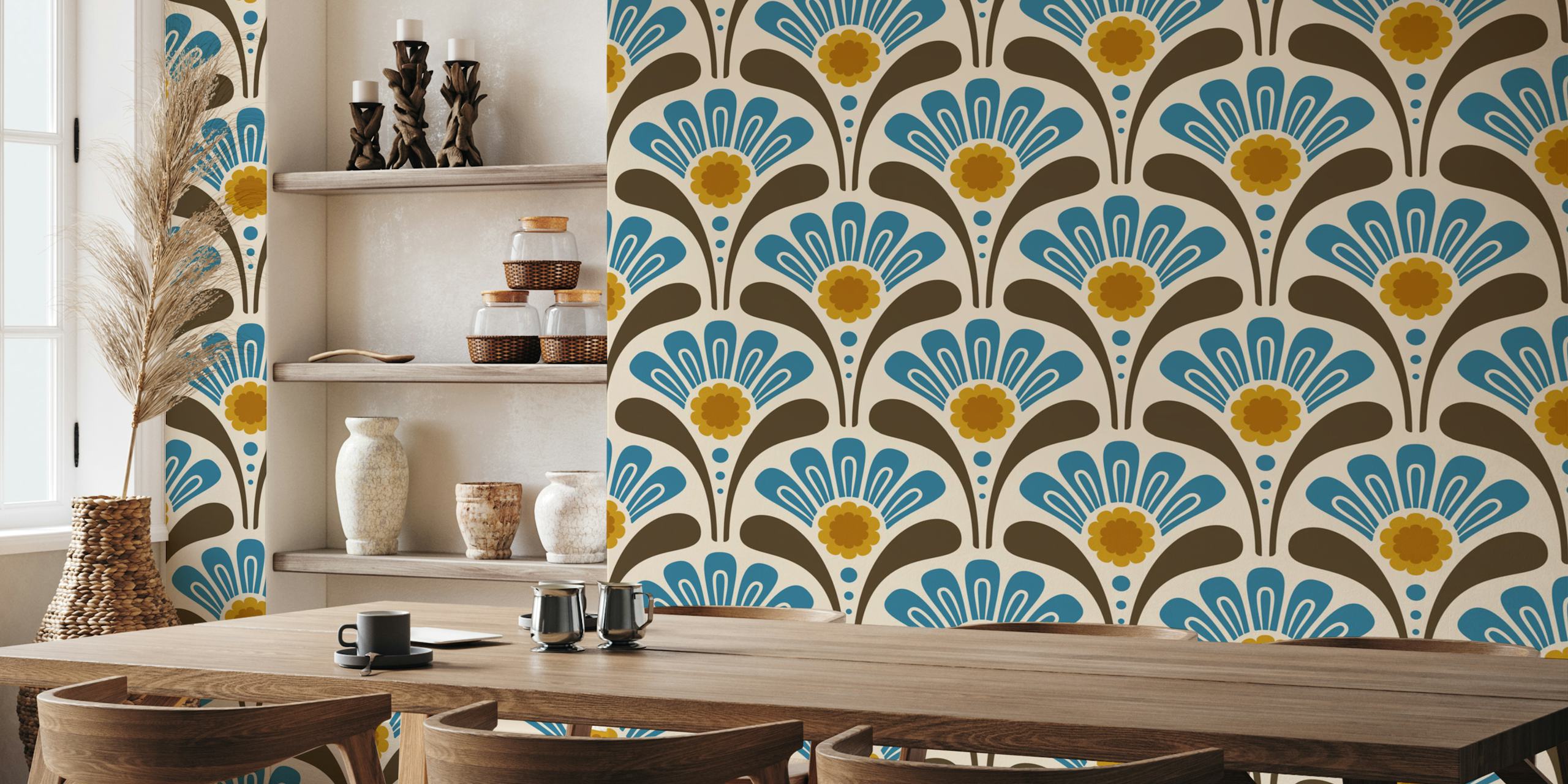 Bold Floral Joy in Blue Brown Tapete in einem Raum