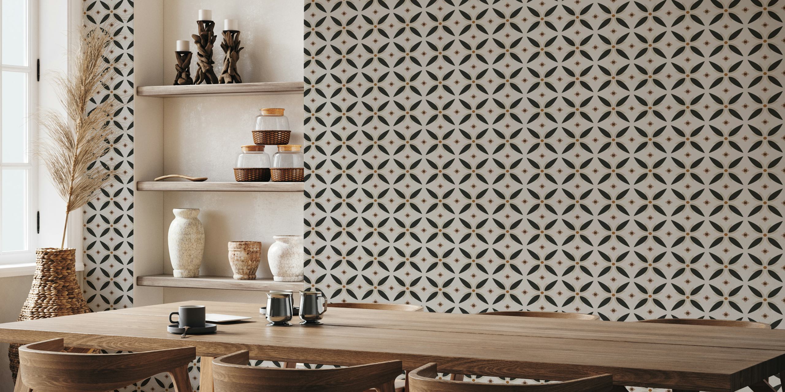 Black and beige star floral wallpaper with brown accents