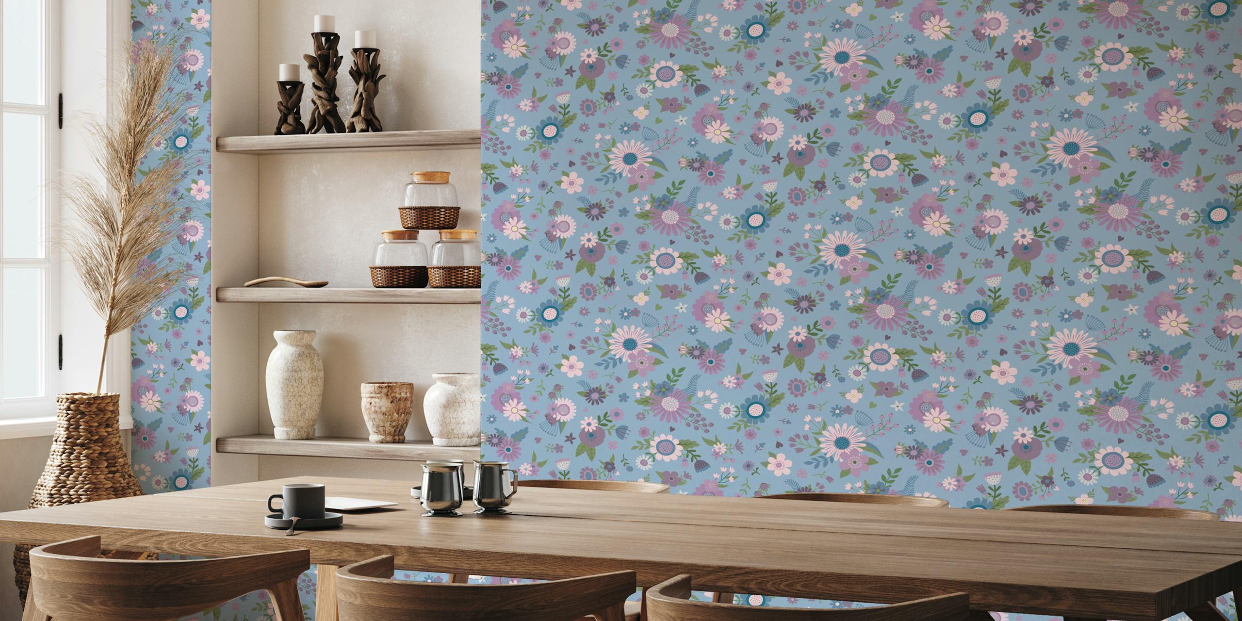 Blue floral wallpaper with lilac flowers and greenery