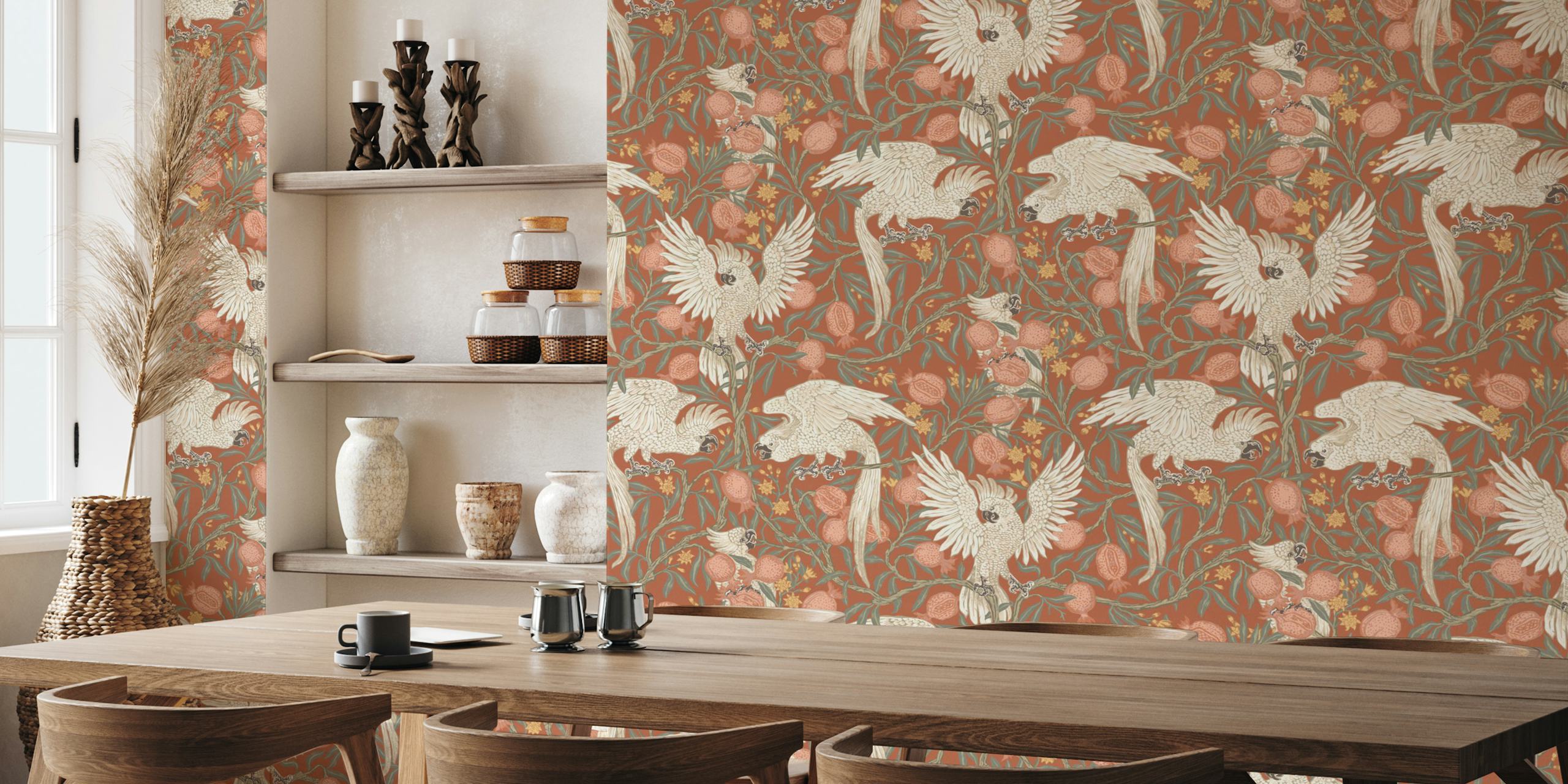 Cockatoo und Pomegranate in Terracotta, florales Design, detailreiche Tapete