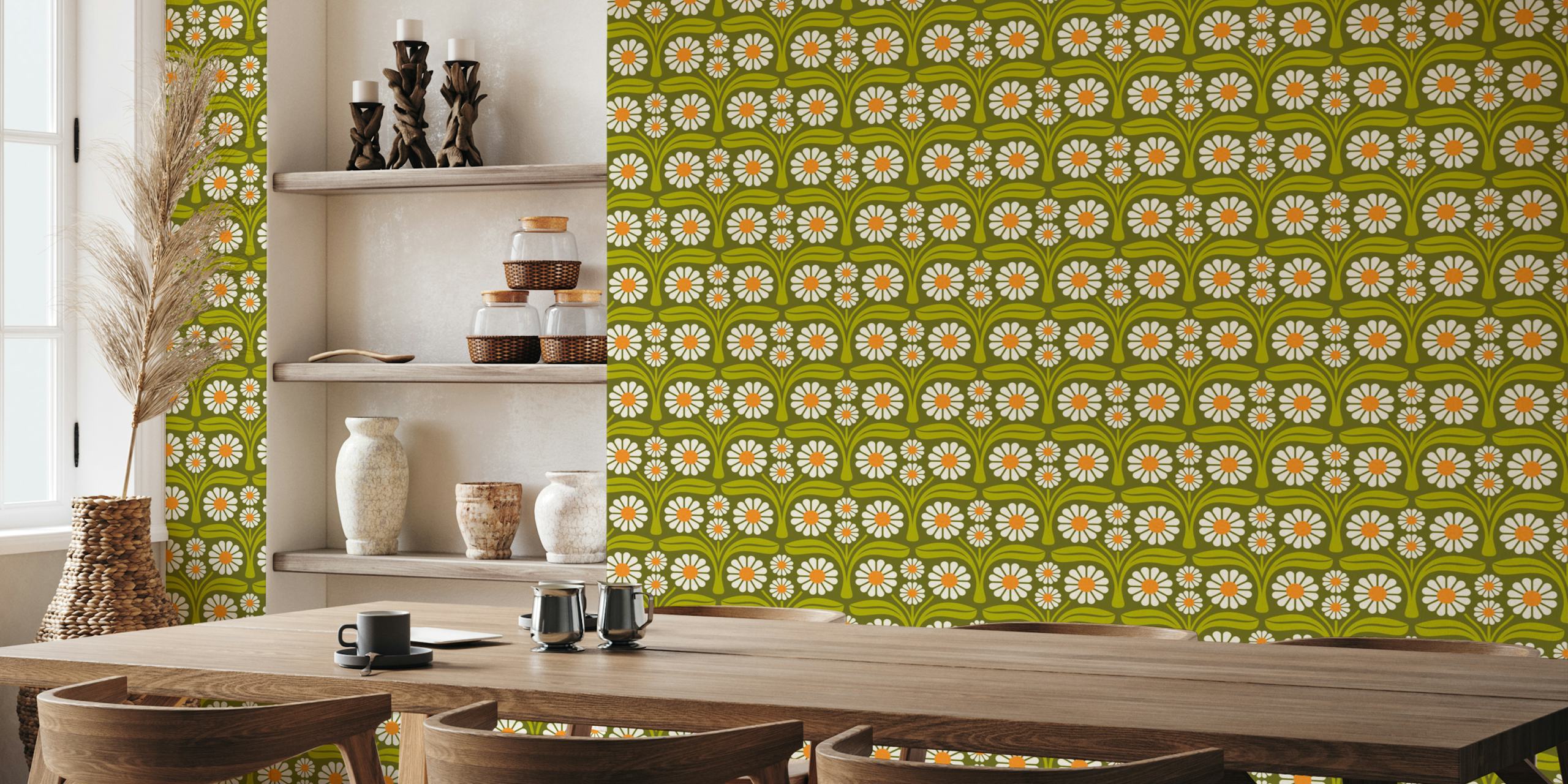 Retro floral design with large daisies in green and orange wallpaper