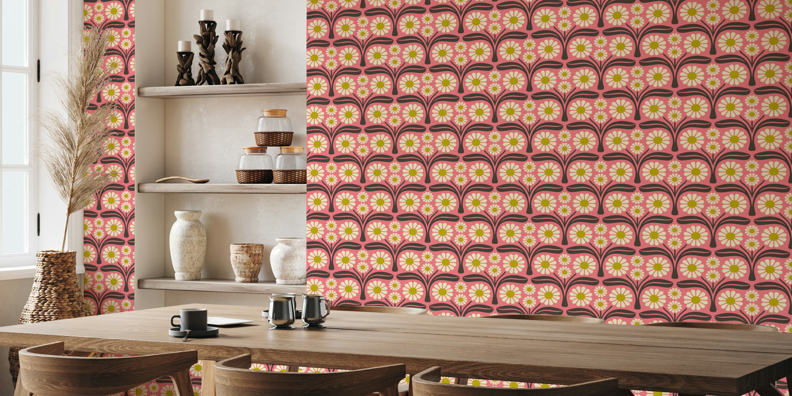 Pink and green floral pattern wallpaper with daisies in retro style