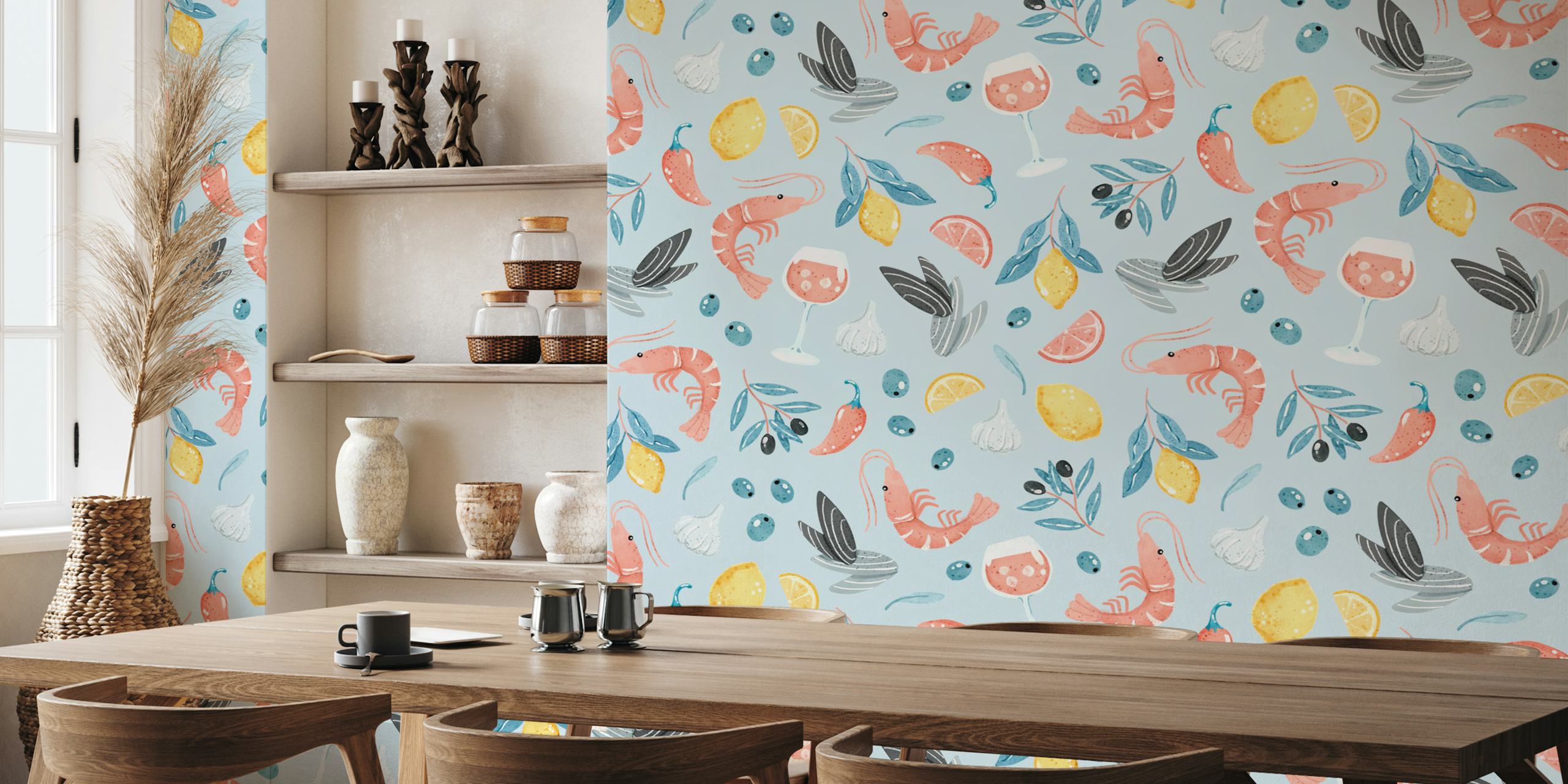 Blue background with shrimp, lemons, wine glasses, and olives wallpaper