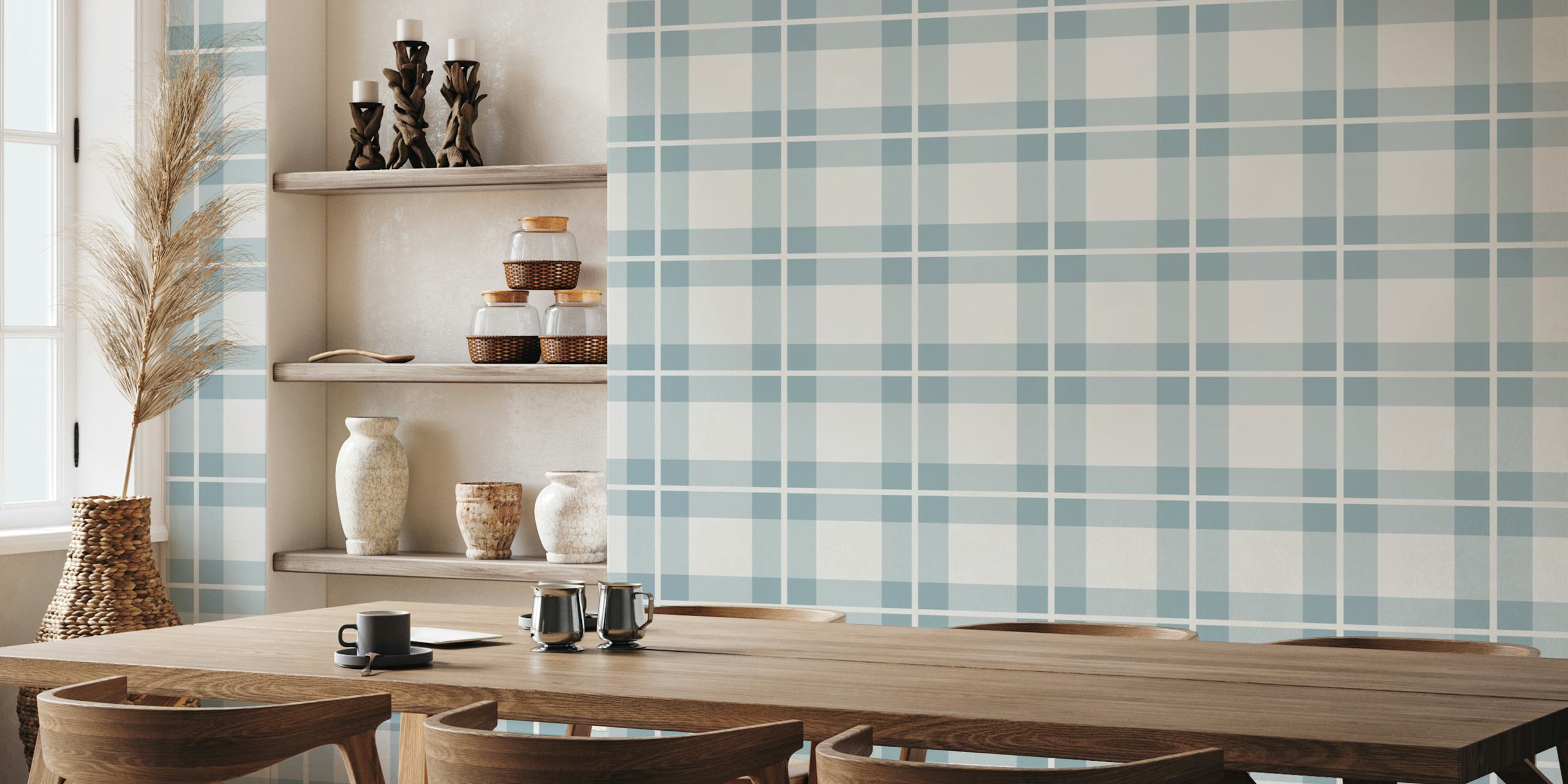 Scandi Blue Simple Tartan Check Plaid papel de parede em um quarto