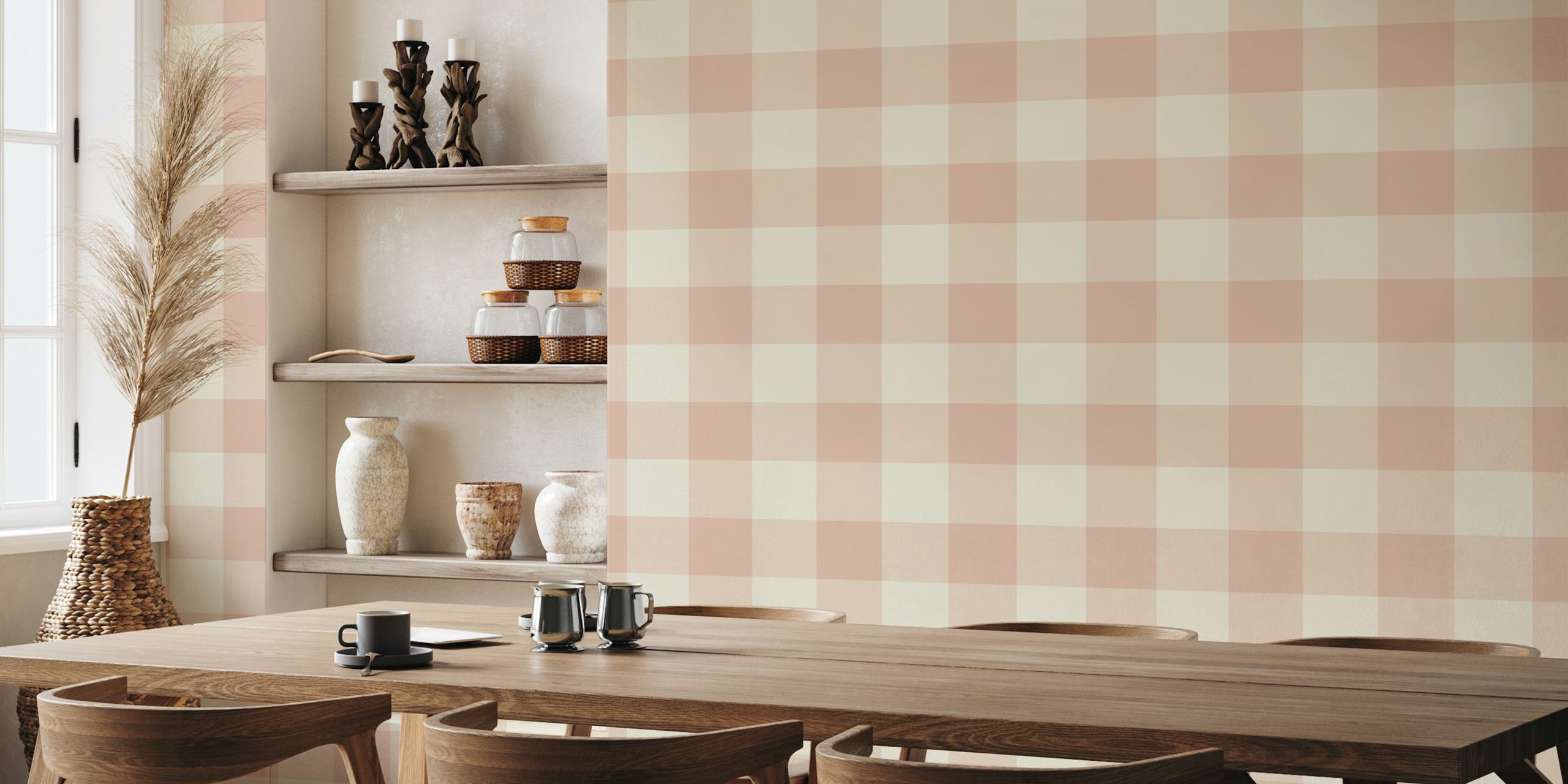 Carta da parati Cream Simple Gingham Check Plaid in una stanza