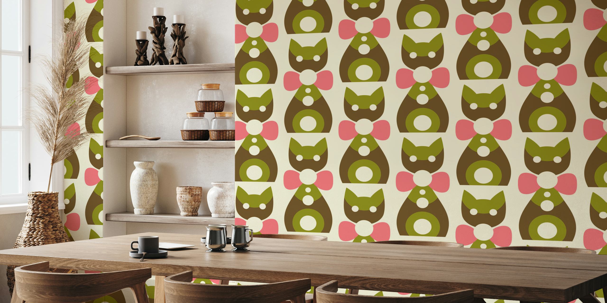 Geometric kitty pattern in green and pink tones wallpaper
