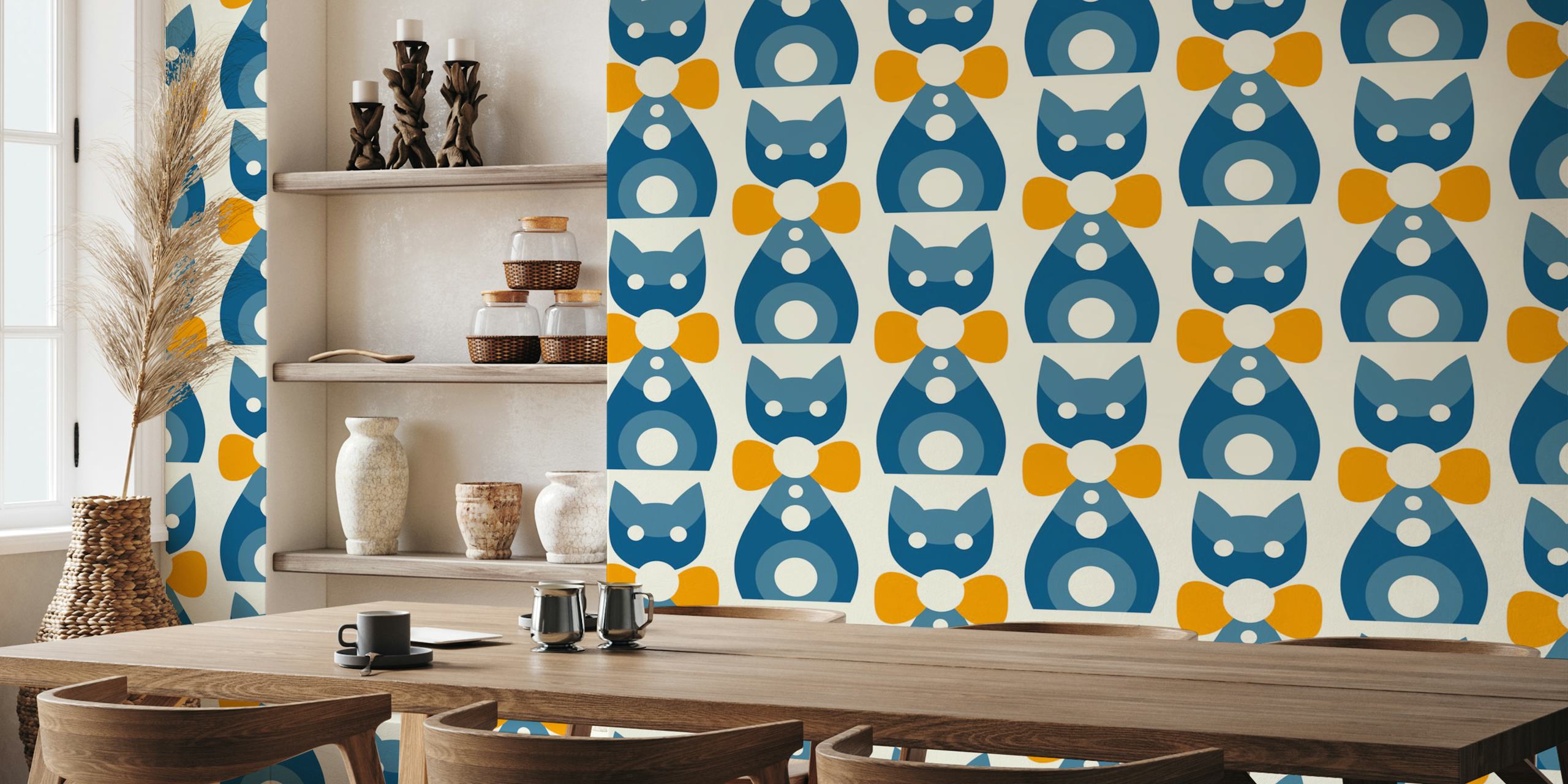 Geometric Kitty Charm - Blue Yellow tapeta v modré a žluté