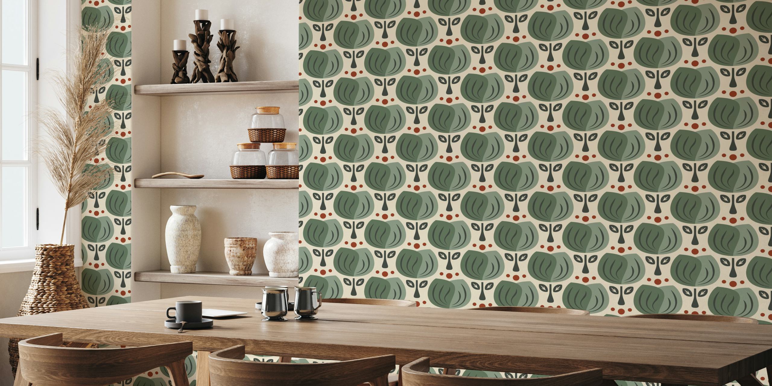 Green retro tulip design with leaves and circles wallpaper