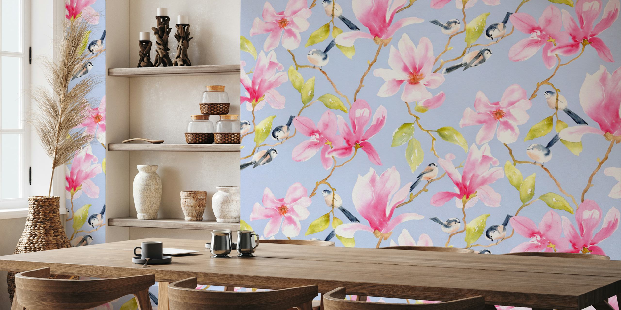 Bright pink flowers with birds on a sky blue background wallpaper