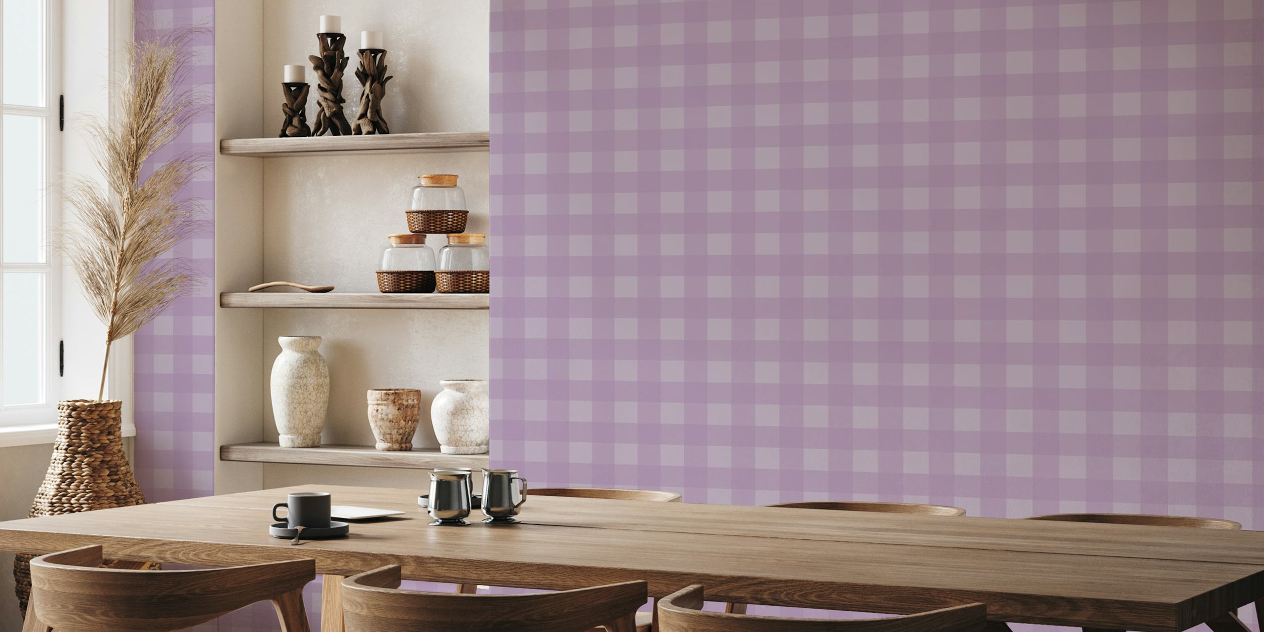 Gingham mauve on lavender wallpaper in a room