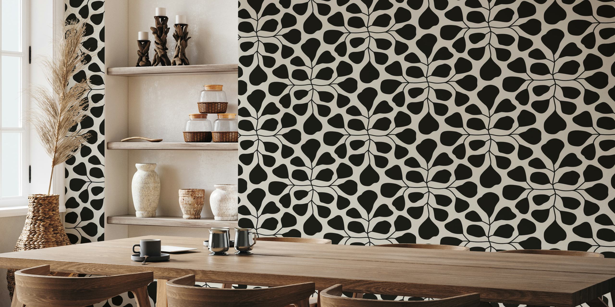 Black and white leaf pattern wallpaper, modern botanical design